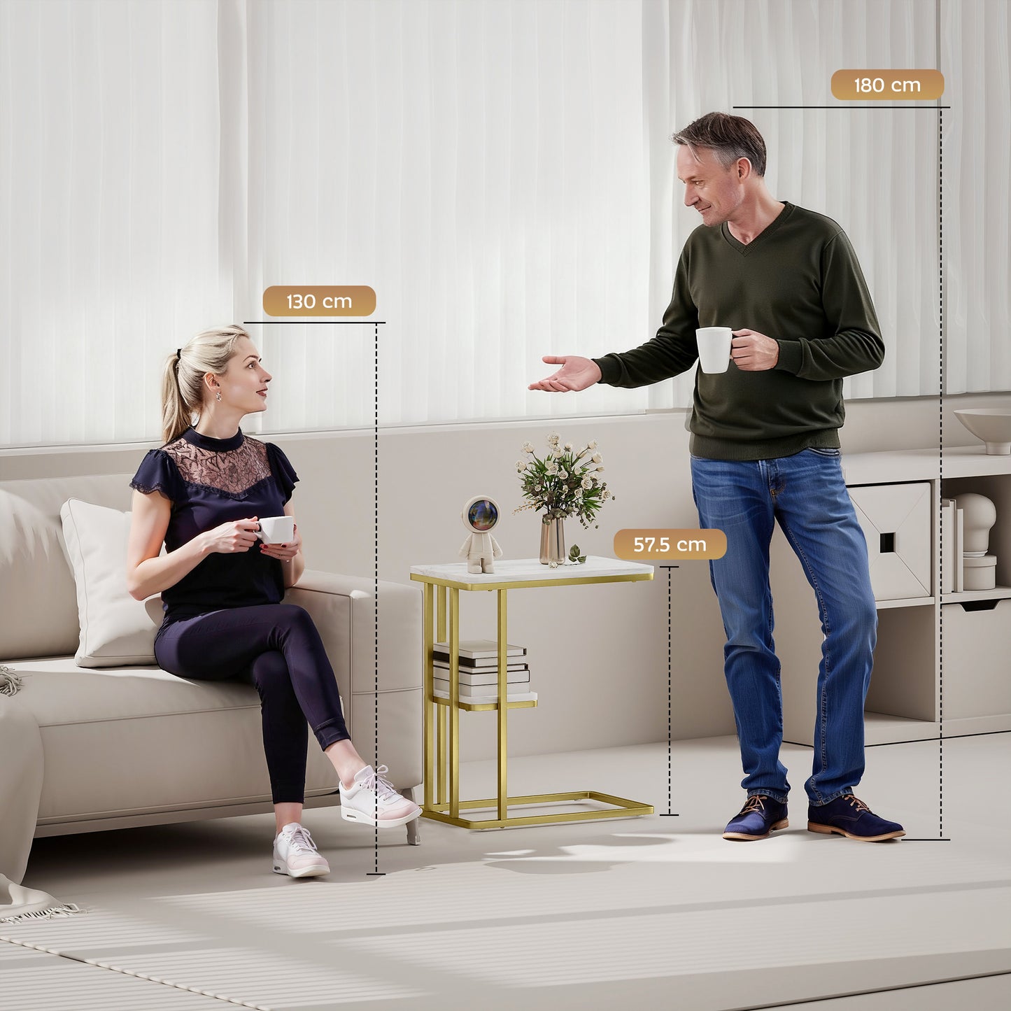 HOMCOM C-Shaped Narrow Side Table, 2-Tier Slim End Table, Nightstand White Marble Grain