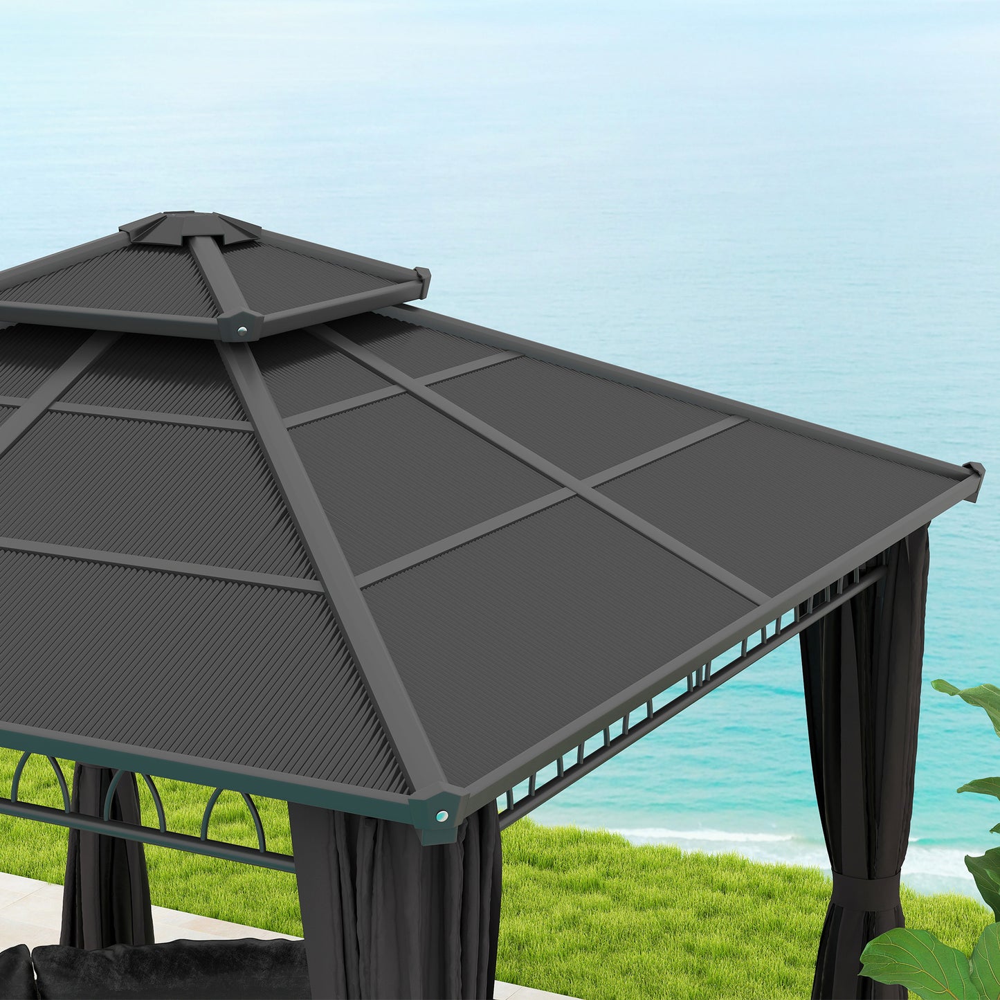 Outsunny 3x3m Polycarbonate Gazebo, Double Roof, Steel Frame, Nettings & Curtains for Garden, Dark Grey