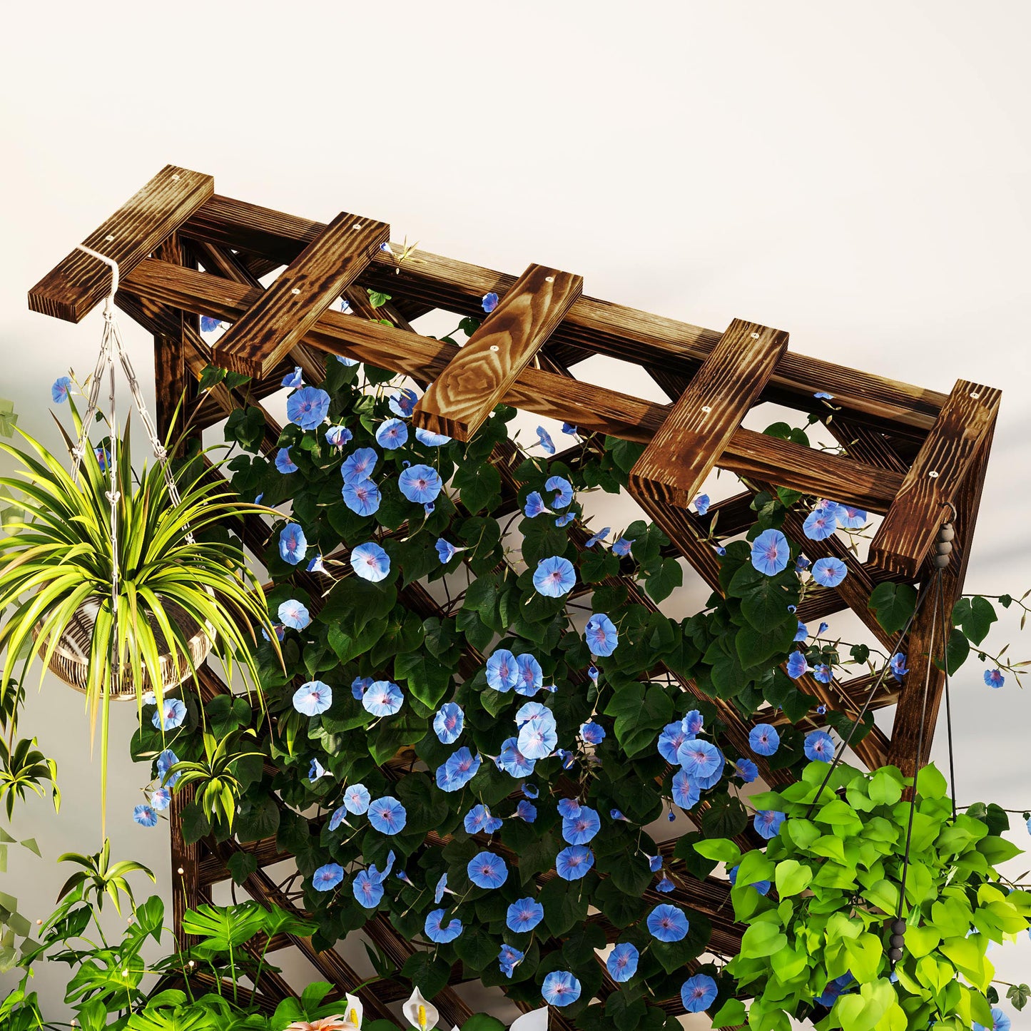Outsunny Wooden Planter with Trellis, Freestanding Raised Garden Bed with Drainage Holes and Liner for Vegetables and Flowers, Carbonised