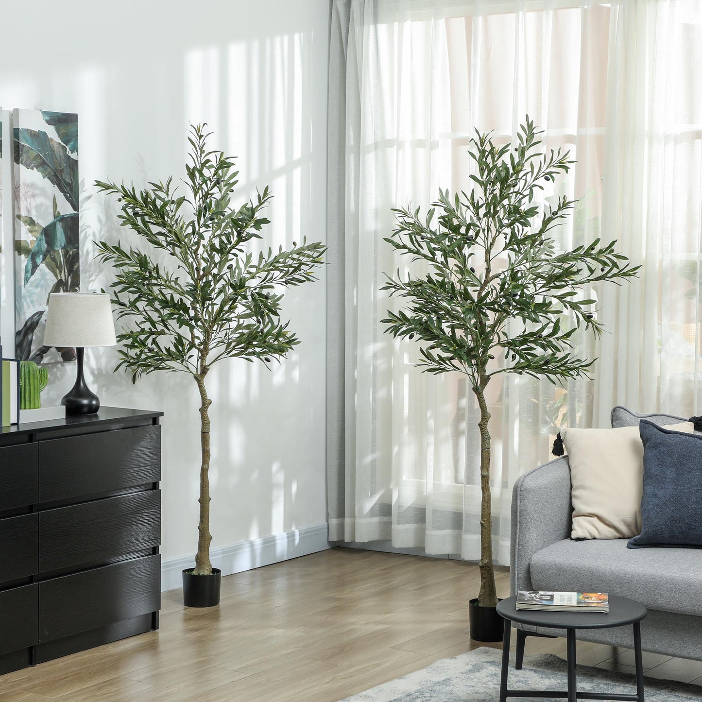 HOMCOM Set of 2 6ft Artificial Silk Olive Trees with Pot, 900 Leaves, 40 Olives, for Home/Office/Living Room Decor, Green