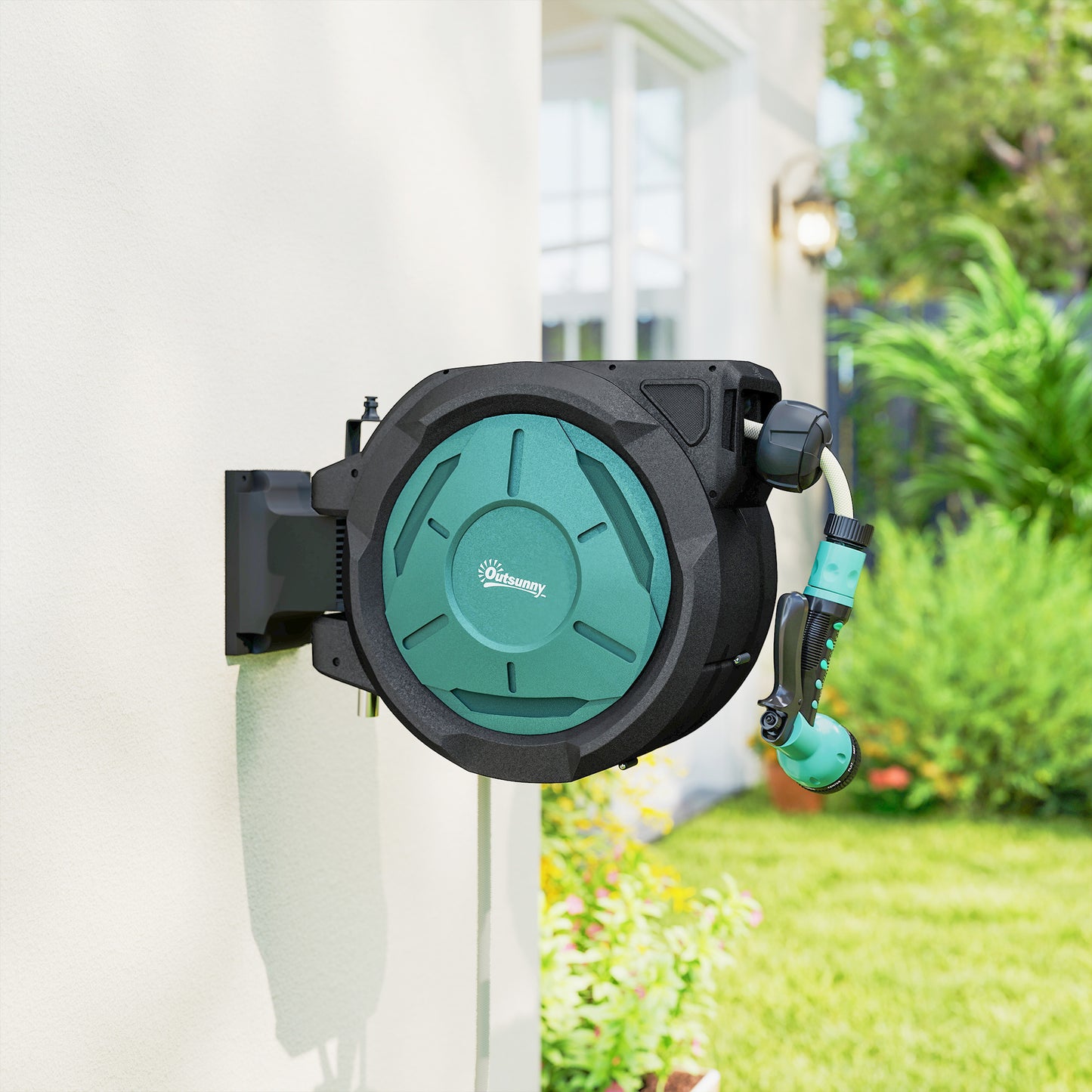 Outsunny Wall-Mounted Hose Reel 20+2m Auto Rewind Black