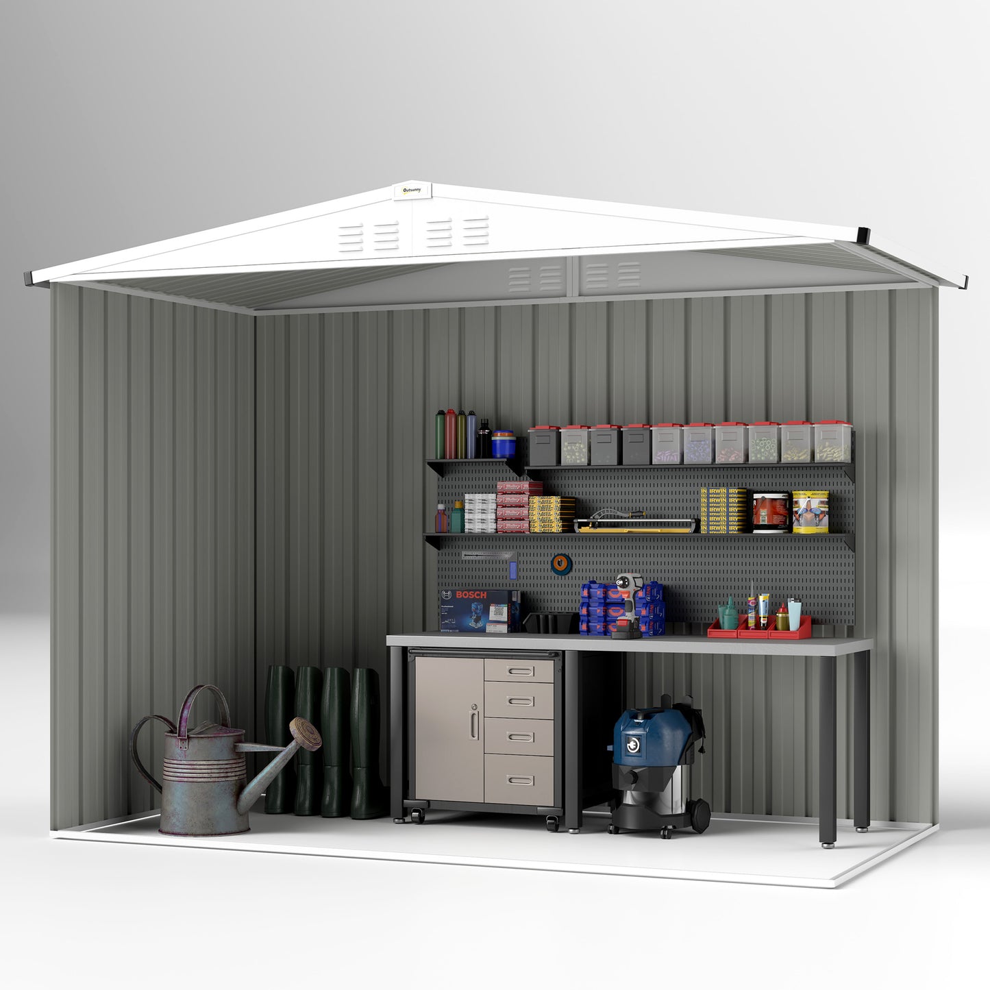 Outsunny Metal Garden Shed, 8 x 4 ft Storage Shed with Window, Vents, Lockable Door, Waterproof Steel Tool Storage, Light Grey