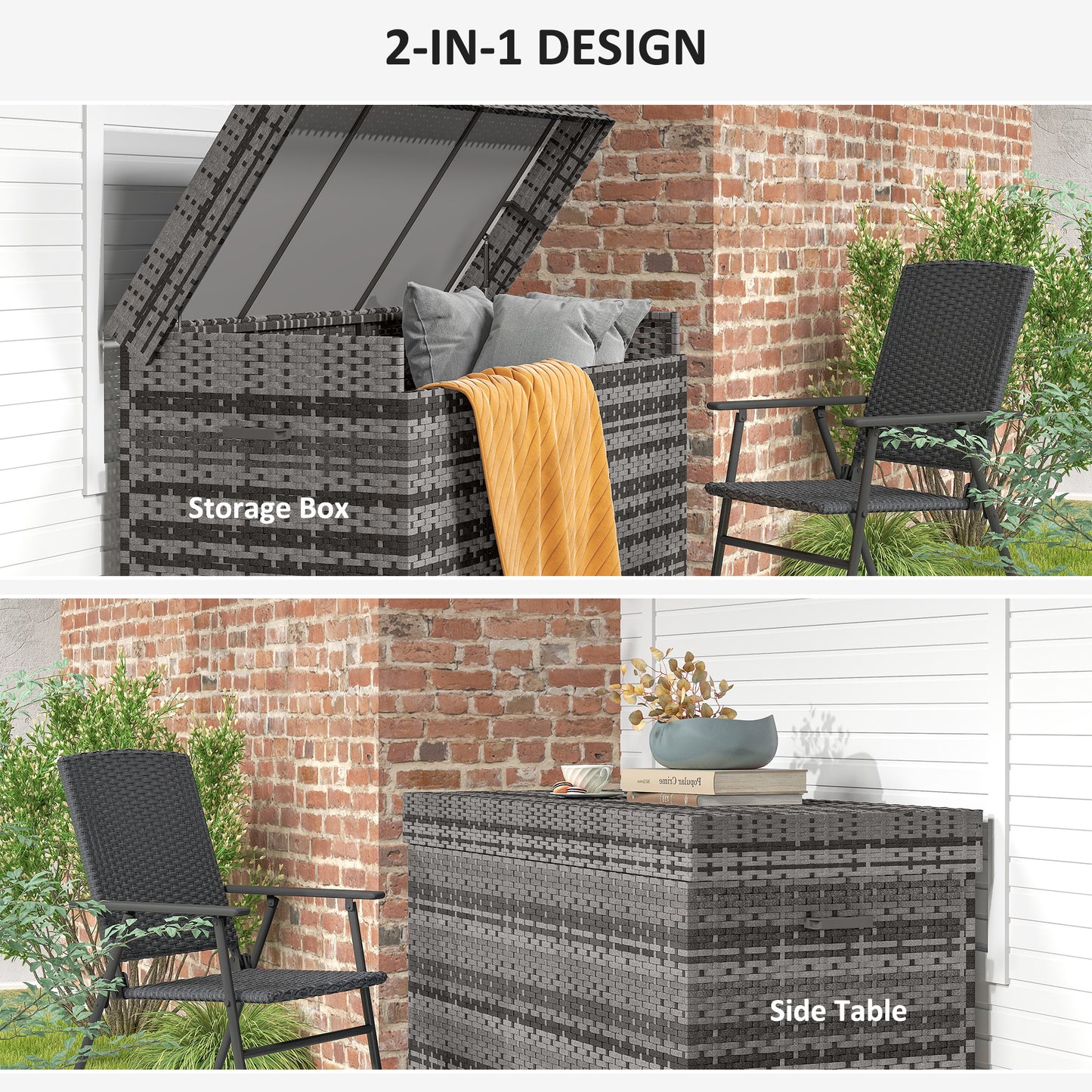 Outsunny 627L Rattan Garden Storage Box, Gas Lift Lid & Wheels, Outdoor Chest for Cushions, Pillows & Tools, Dark Grey