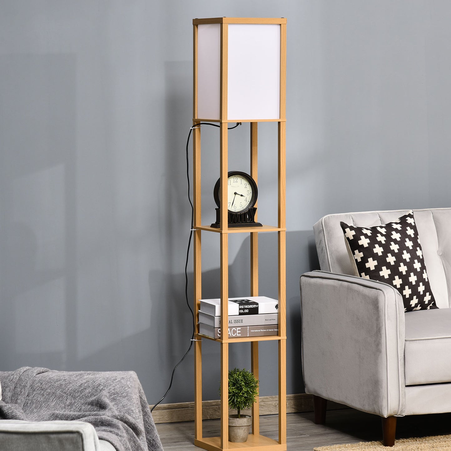 HOMCOM 4-Tier Floor Lamp Standing Lamp with Storage Shelf for Home Office Dorm Natural