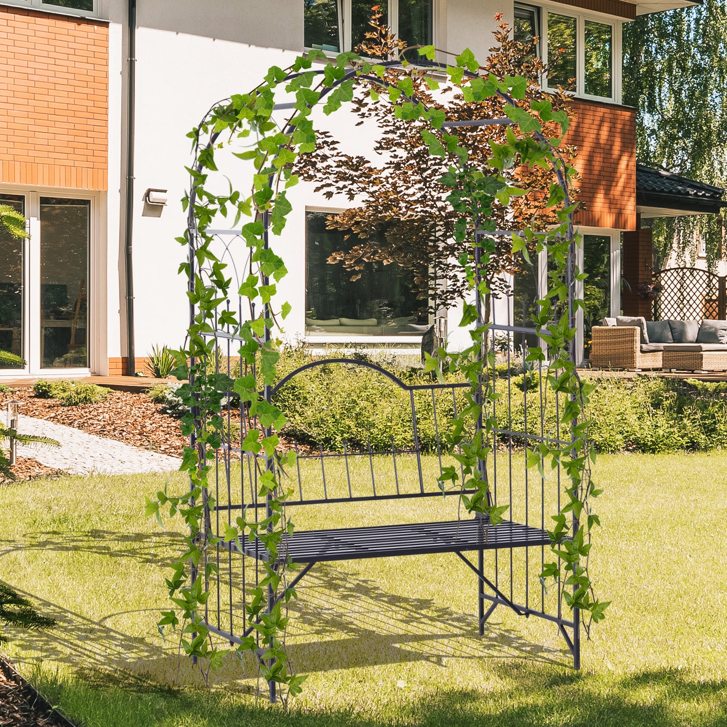 Outsunny Metal Frame Bench W/Arch, 115Lx59Wx203H cm-Black