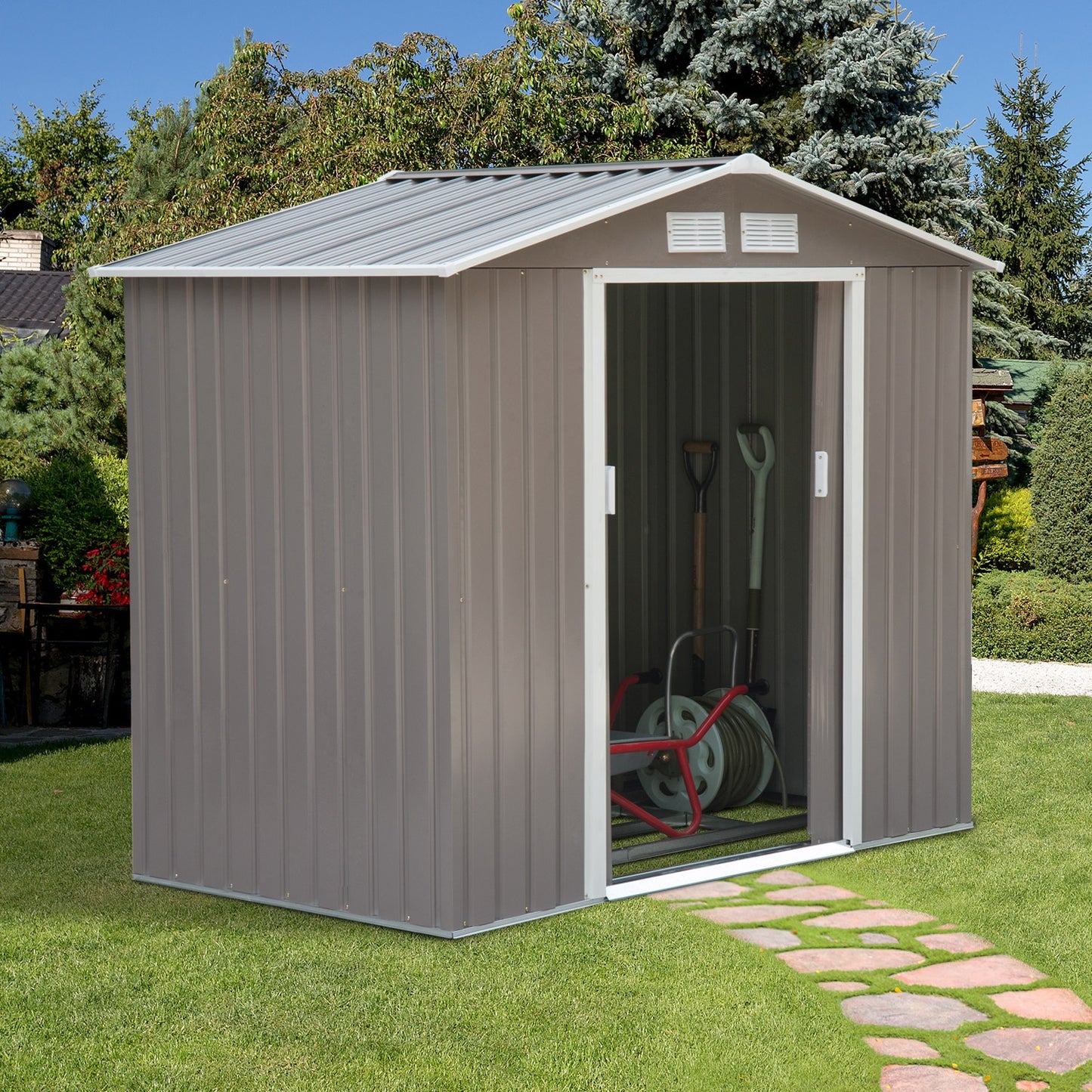 Outsunny 7ft x 4ft Lockable Metal Garden Storage Shed Storage w/ Air Vents Grey