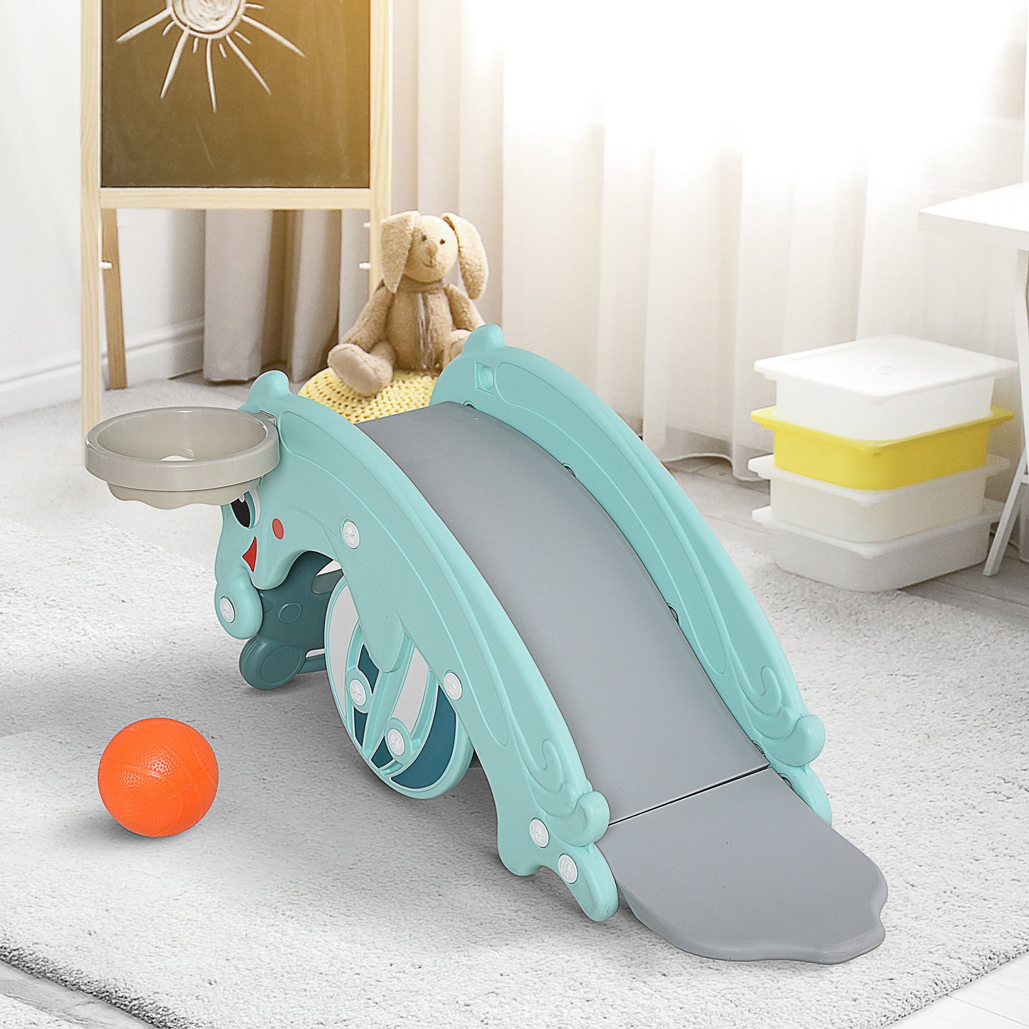 HOMCOM 3-in-1 Baby Rocking Horse Portable Slide Basketball Hoop, Age 3-5