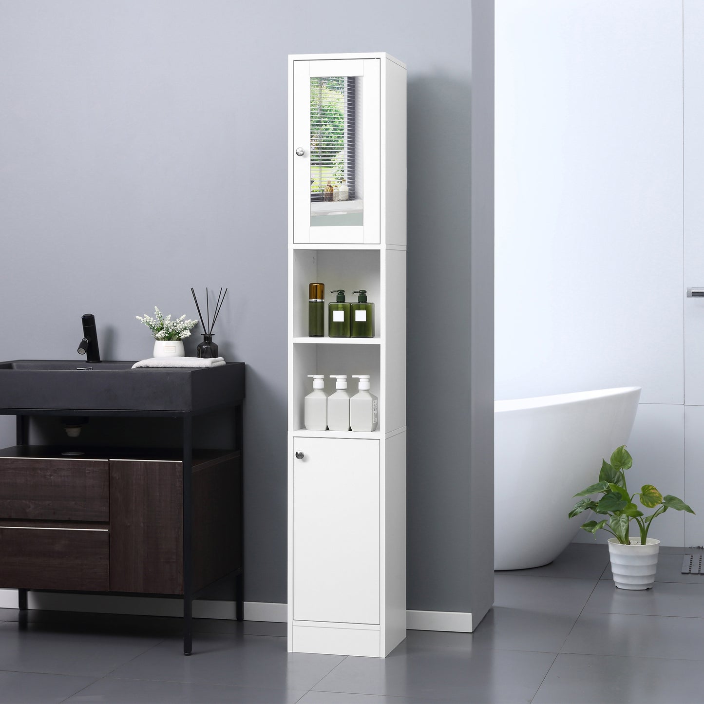 kleankin Bathroom Floor Cabinet Narrow Storage Cabinet with Mirror Adjustable Shelves