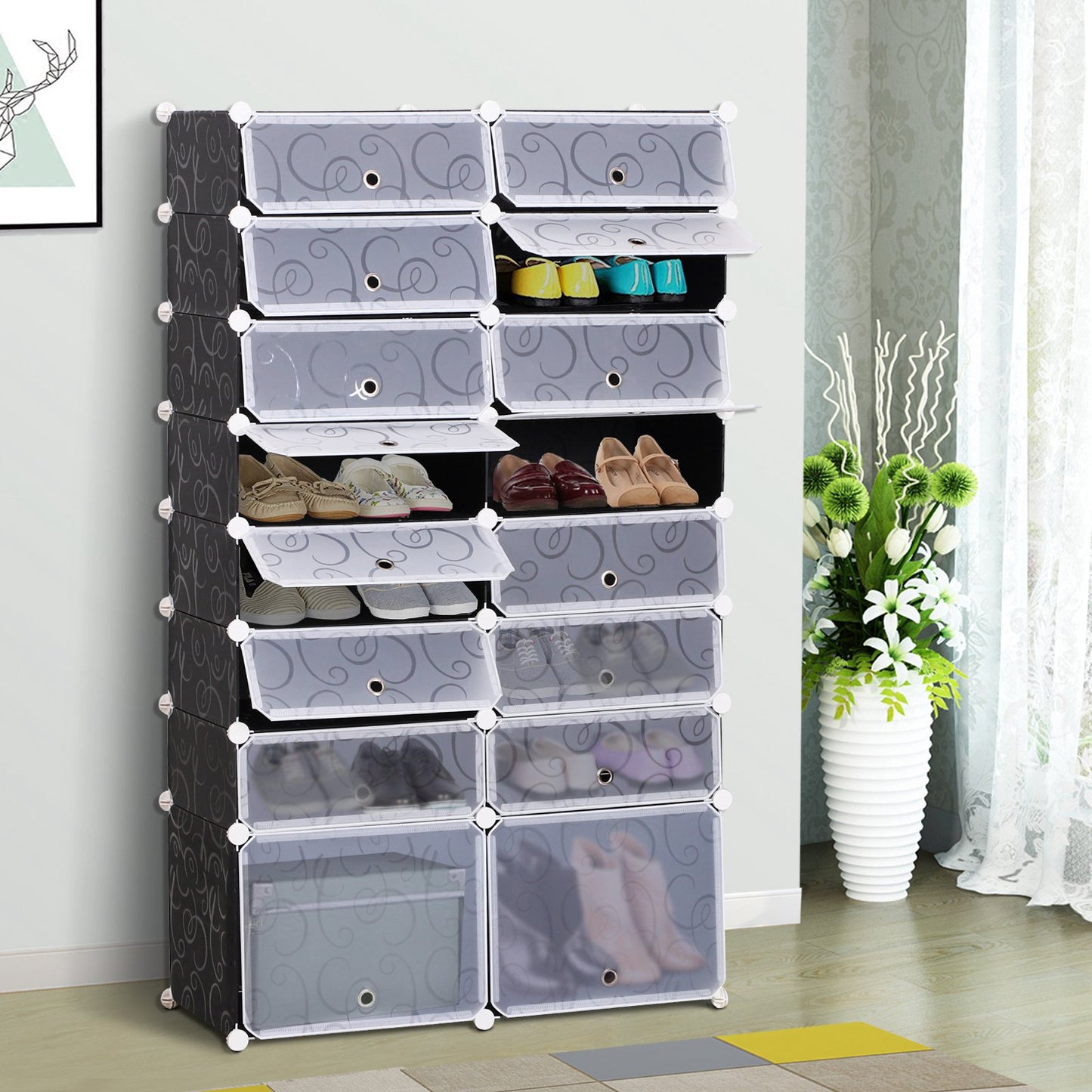 HOMCOM 16-Cube DIY Shoes Rack, 95L x 37W x 160Hcm-Black/White