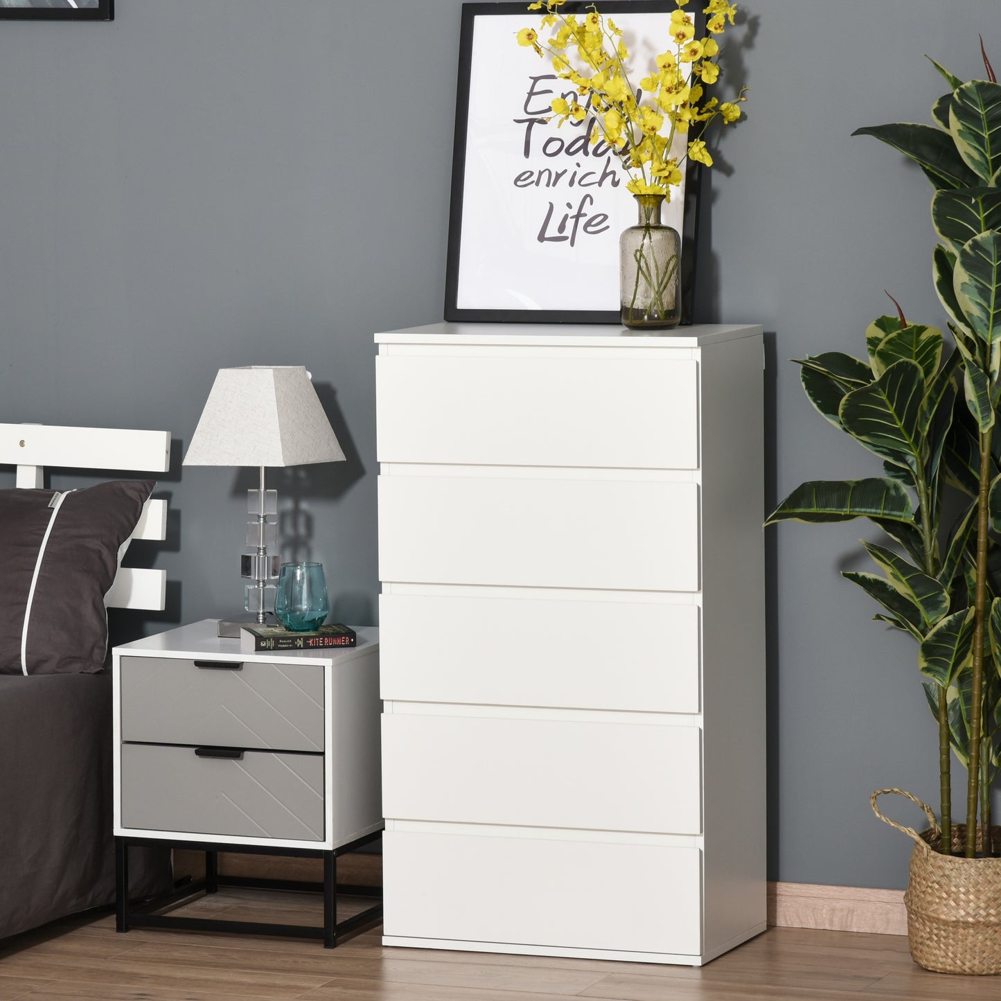 HOMCOM 5 Drawer Cabinet Storage Cupboard Wooden Freestanding Organiser Unit White