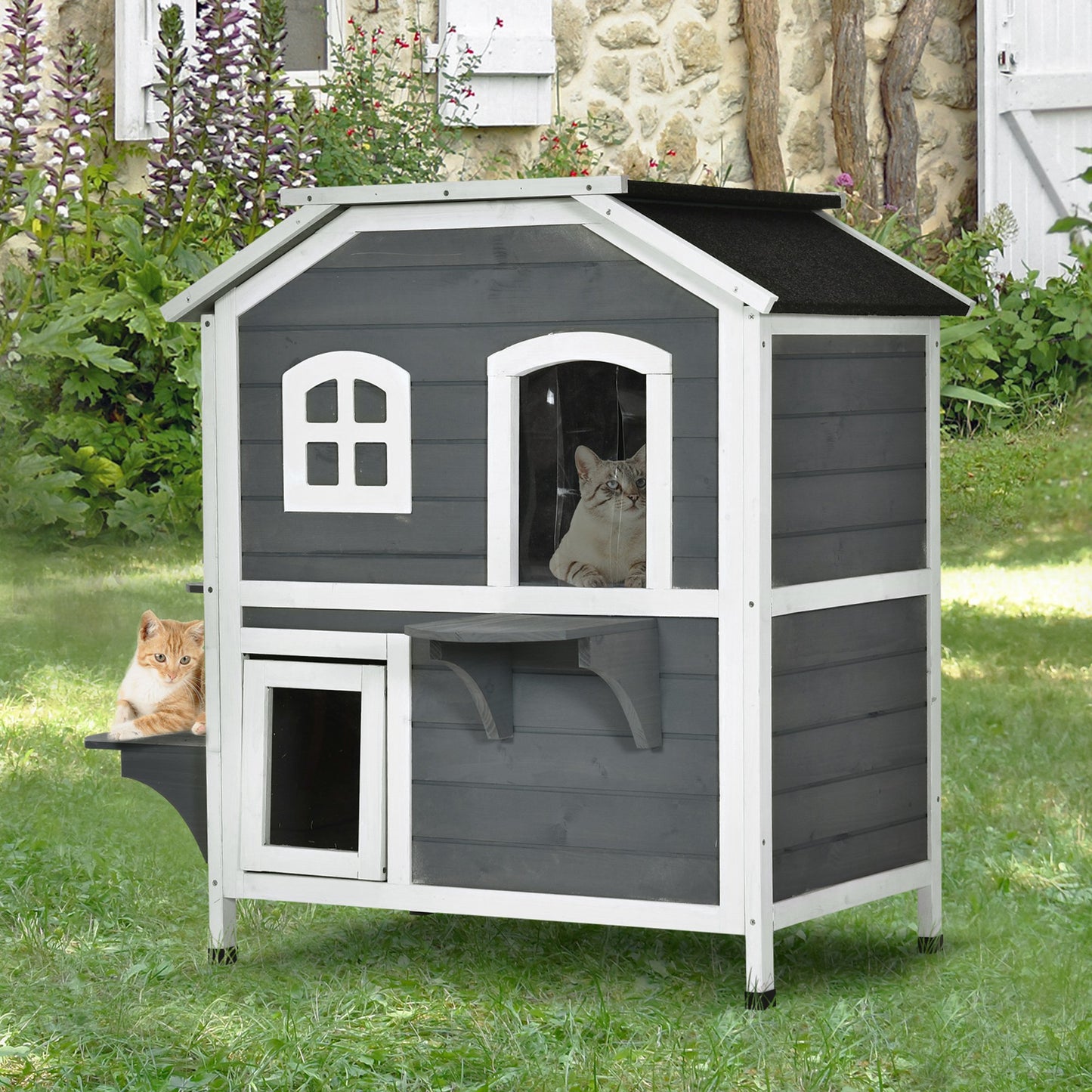 PawHut Cat Condo w/ Tons of Room & Openable Roof, Fir Wood, Outdoor/Indoor Catio Grey