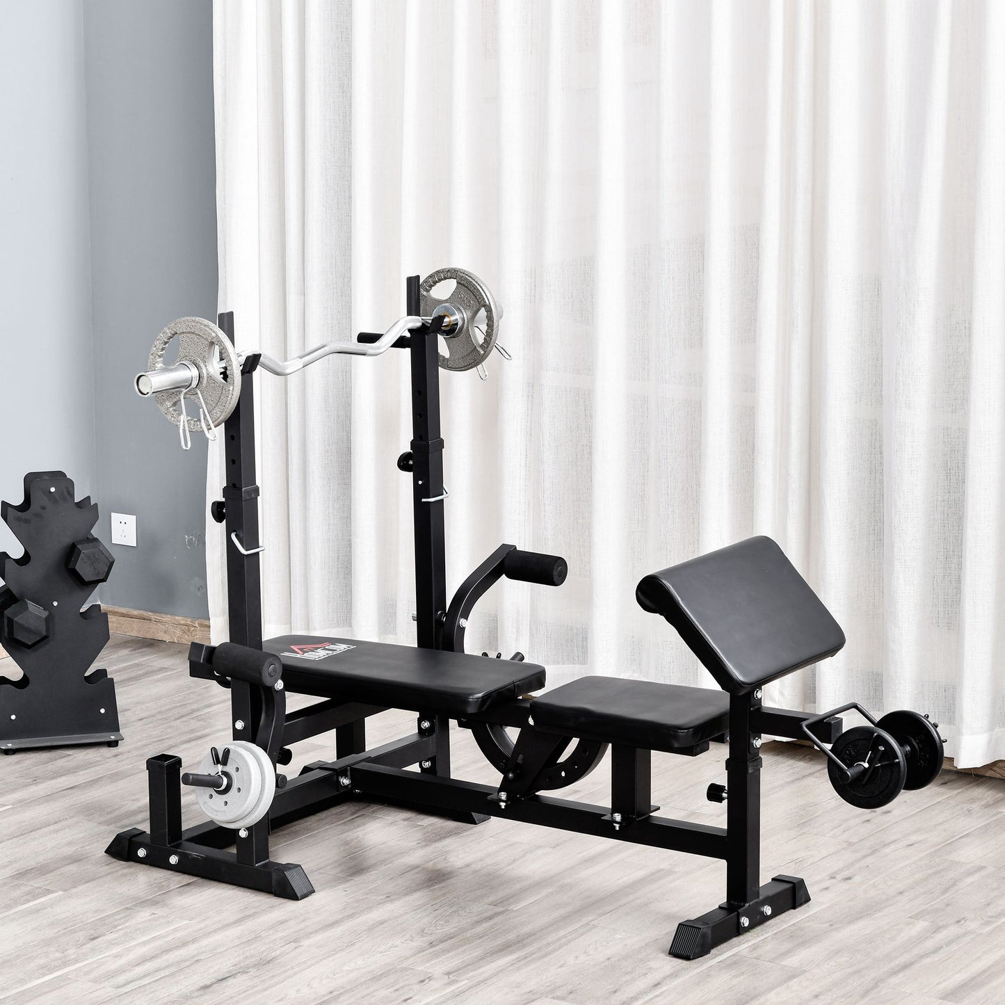 HOMCOM Multi-Position Olympic Home Gym Weight & Bar Rack w/ Chest Fly & Preacher Curls