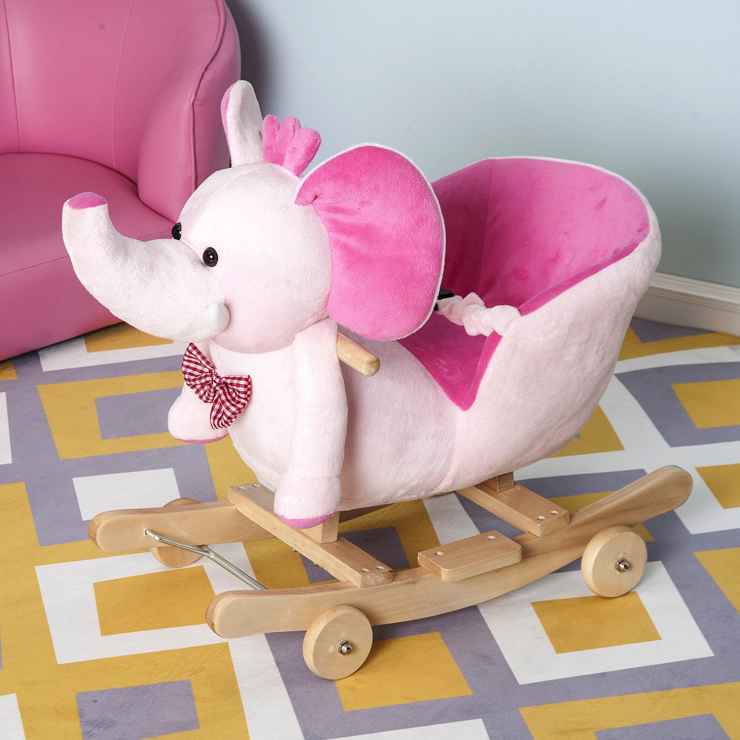 HOMCOM Kids 2 in 1 Rocking Elephant W/Wheels and Sound-Pink