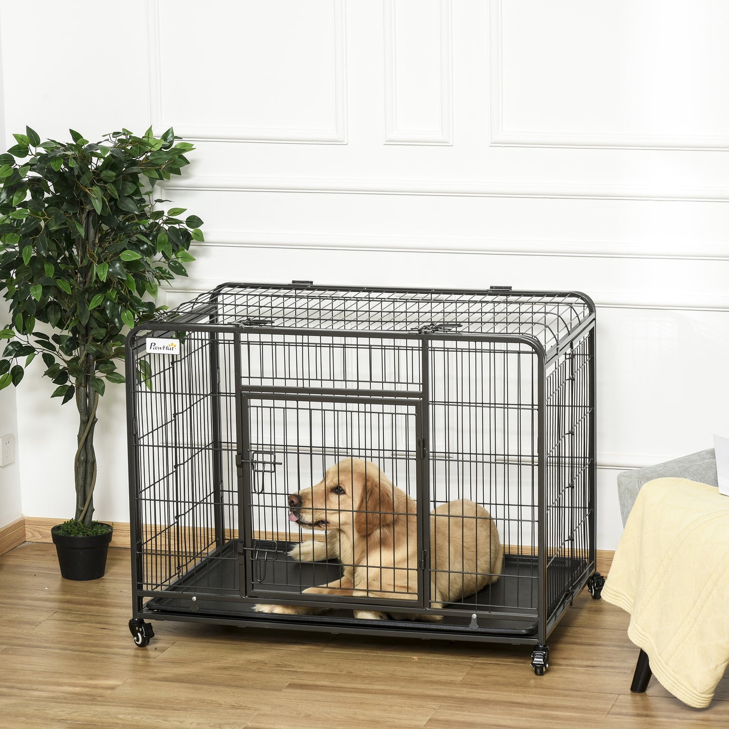 PawHut Dog Crates Foldable Indoor Dog Kennel & Dog Cage Pet Playpen w/ Tray Lockable Wheels Openable Top
