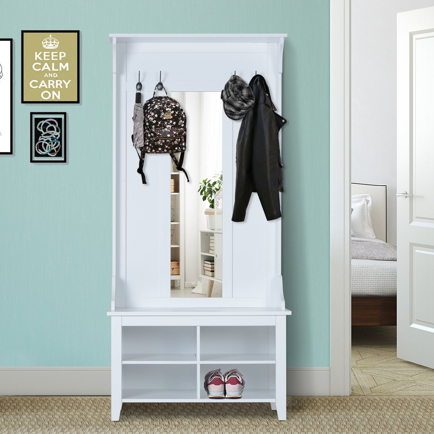HOMCOM Hallway Mirror Cabinet W/4 Hooks, 80Lx40Wx170H cm-White