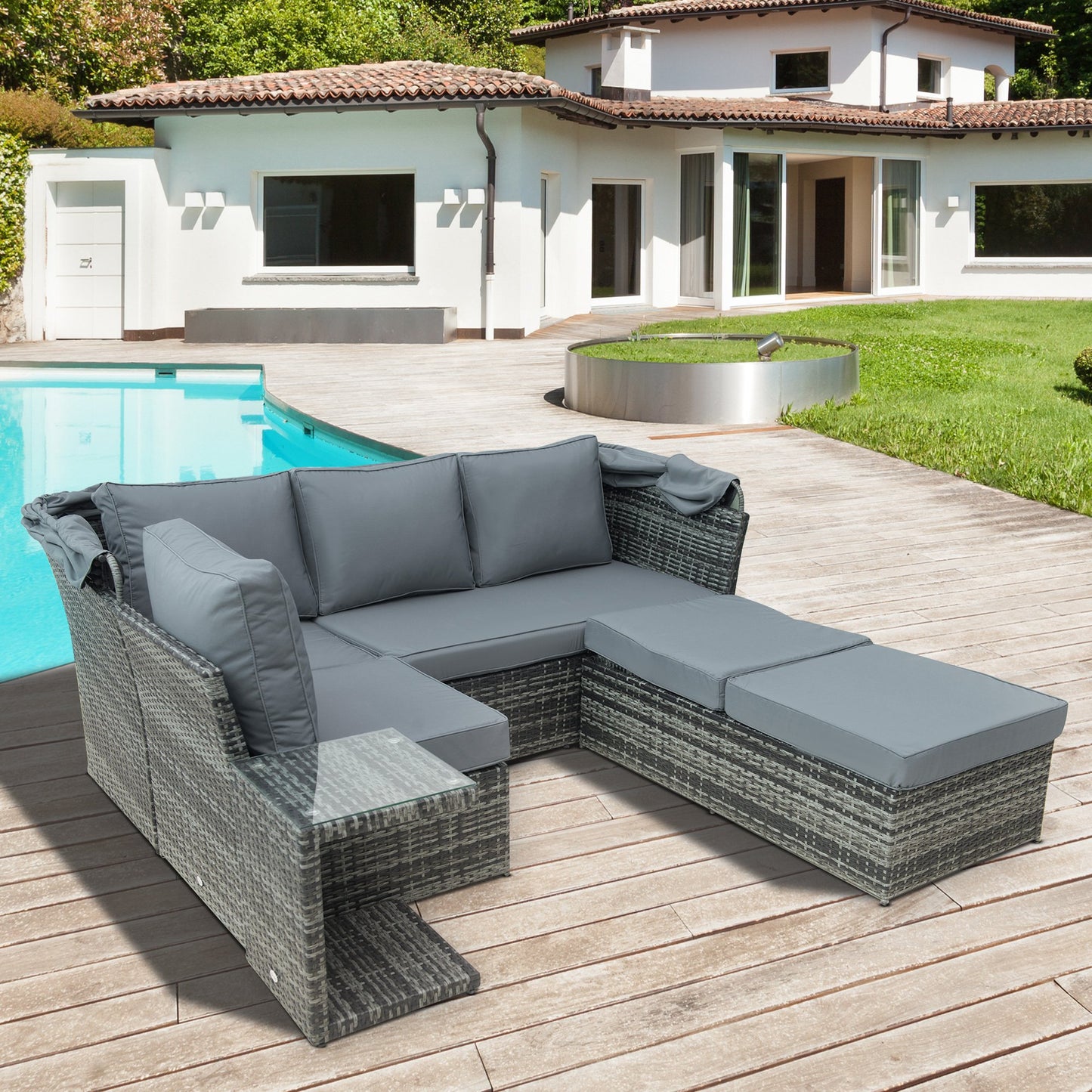 Outsunny 5 PCS Outdoor Rattan Sofa Sets Reclining Adjustable Canopy Side Dining Table with Cushions