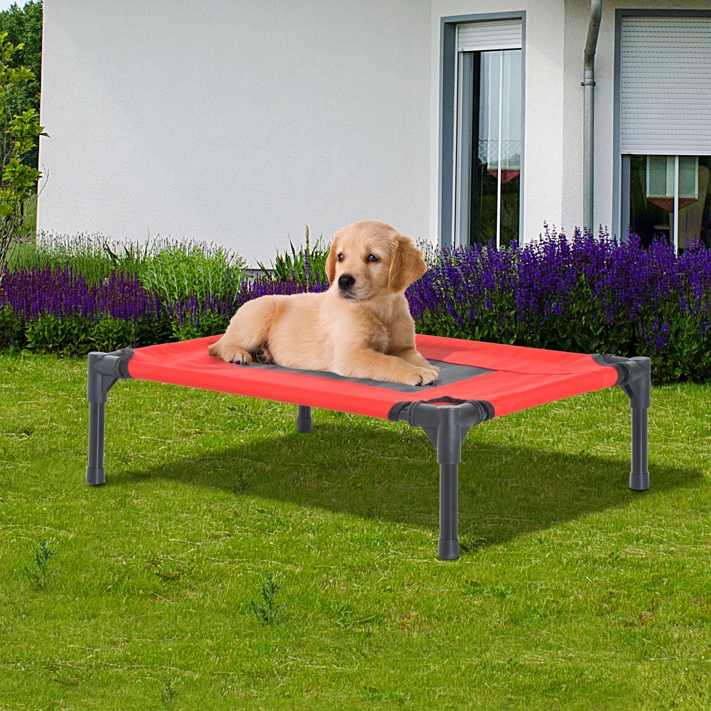 Pawhut Medium Elevated Pet Bed, 76Lx61Wx18H cm-Black/Red
