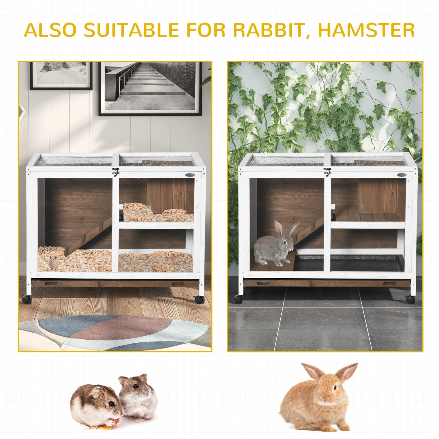 PawHut Wooden Rabbit Hutch Guinea Pigs House Bunny Small Animal Cage W/ Pull-out Tray Openable Roof Wheels 91.5 x 53.3 x 73 cm, Brown