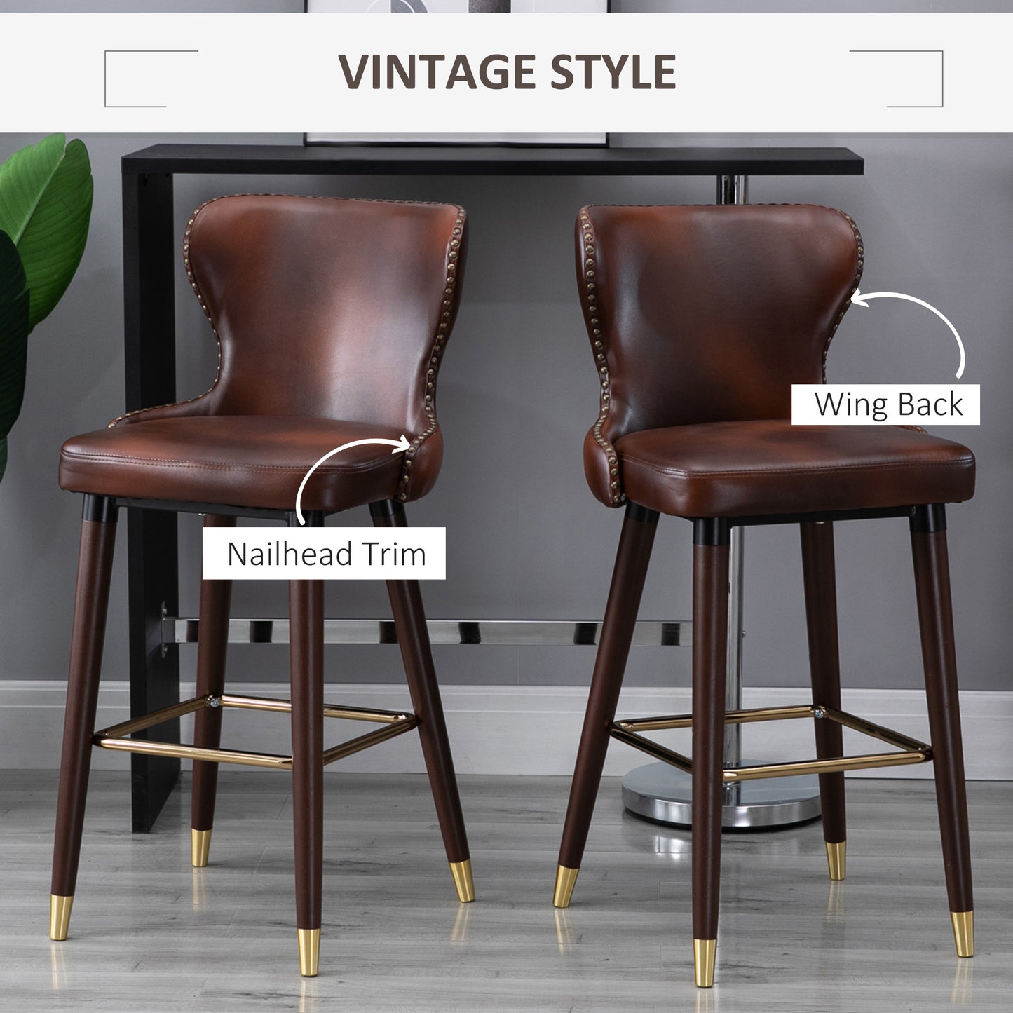 HOMCOM Bar Stools Set of 2, PU Leather Vintage Counter-Height Bar Chair, Luxury European Style Kitchen Stools with Back, Brown
