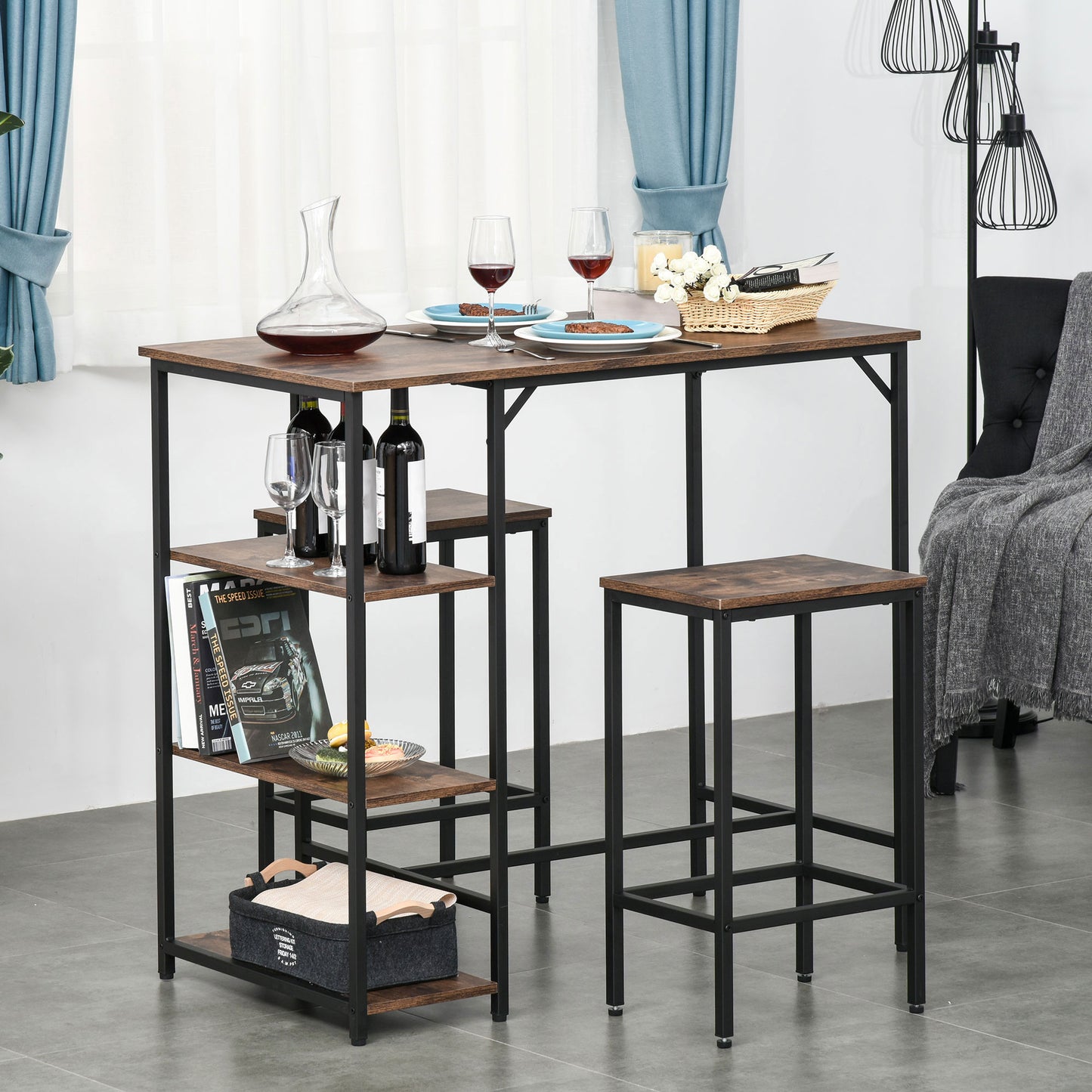 HOMCOM Bar Height Dining Table Set With 2 Stools & Side Shelf 3 Pieces Bar Set