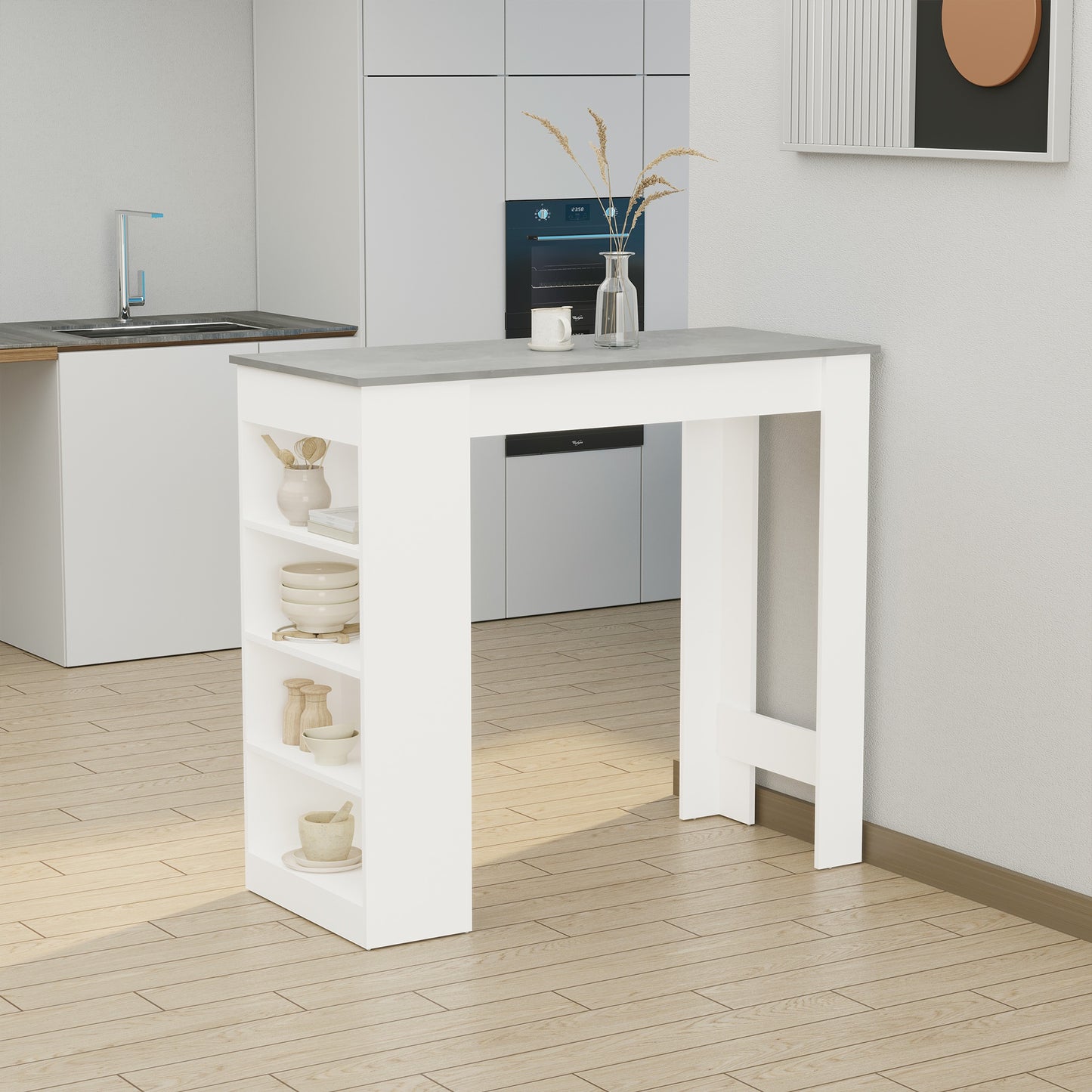 HOMCOM Bar Table Coffee Table Kitchen Dining Table with 4-Tier Storage Shelf Grey