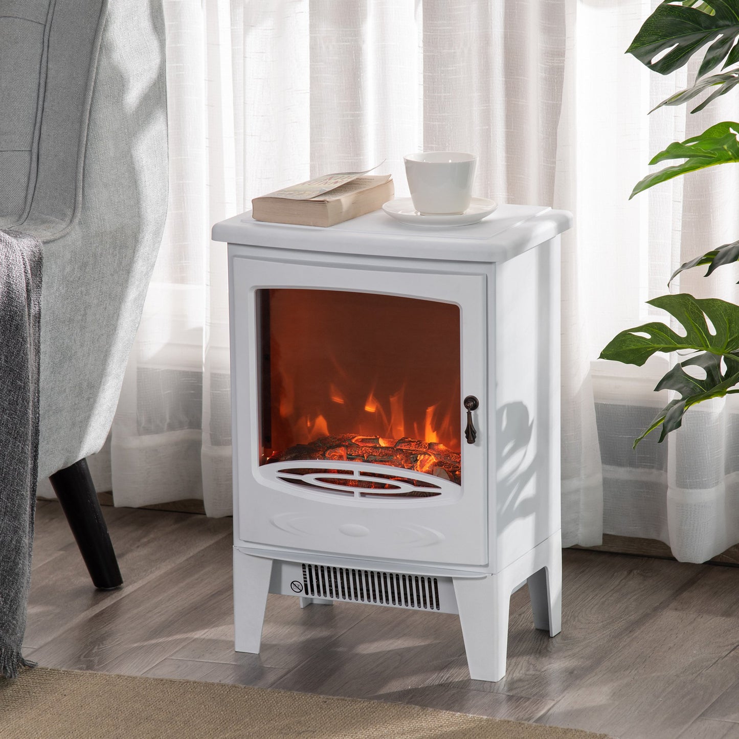 HOMCOM Freestanding Electric Fireplace Stove Heater with Realistic Flame Effect White