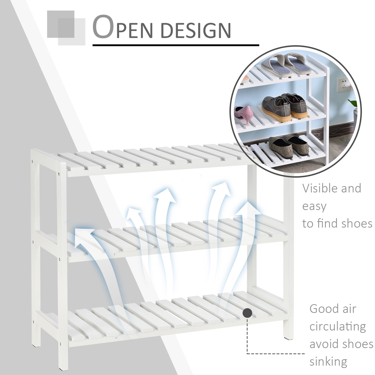 HOMCOM MDF 3-Tier Slatted Shoe Rack White