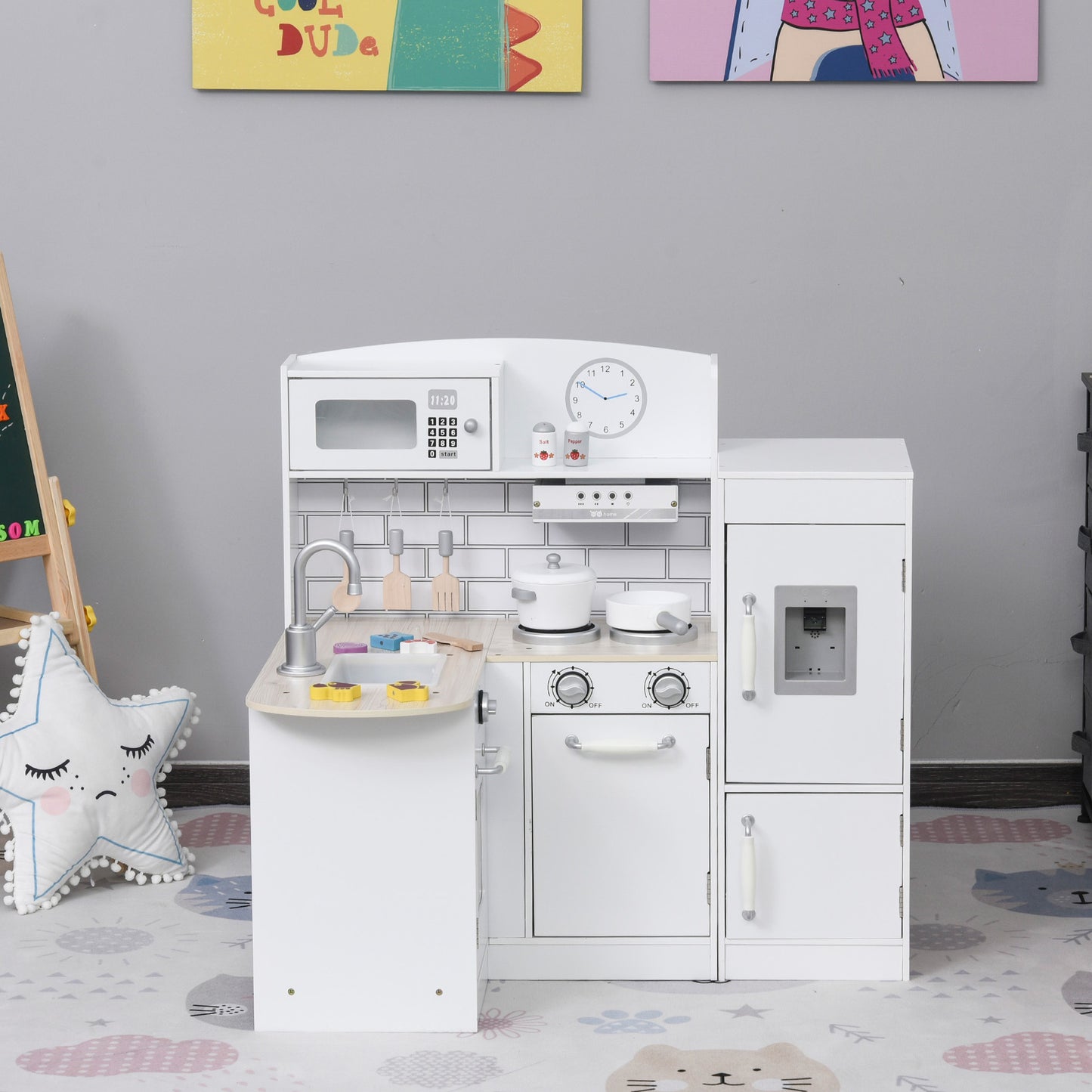 HOMCOM Childrens Electronic Cooking Kitchen Toy w/ Microwave, Fridge, & Cabinets, White