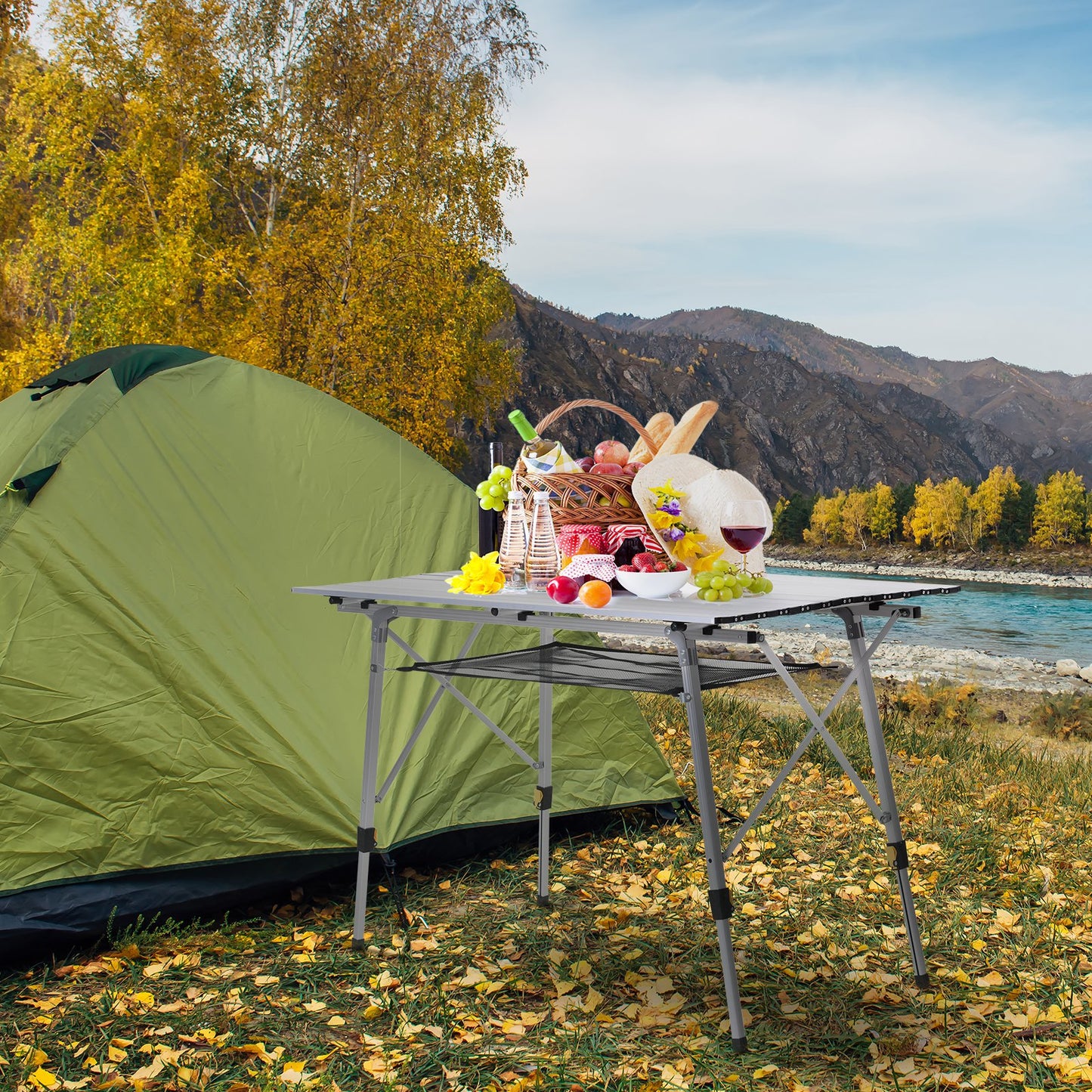 Outsunny Aluminium Portable Folding Picnic Table Portable Camping Table w/ Mesh Tier Silver