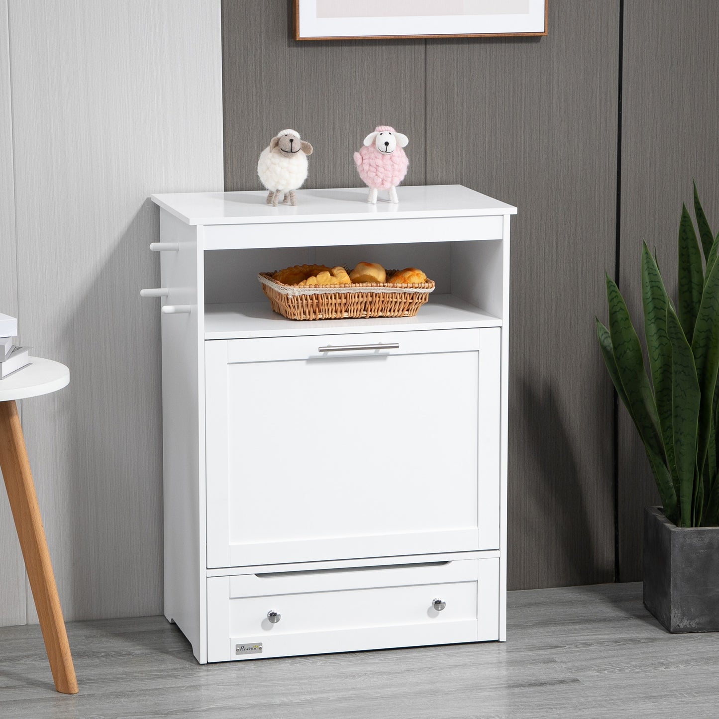 PawHut Pet Feeder Station Storage Cabinet Dog Food Storage Container with Dog Raised Bowls and Hanger for Feeding & Watering Supplies White