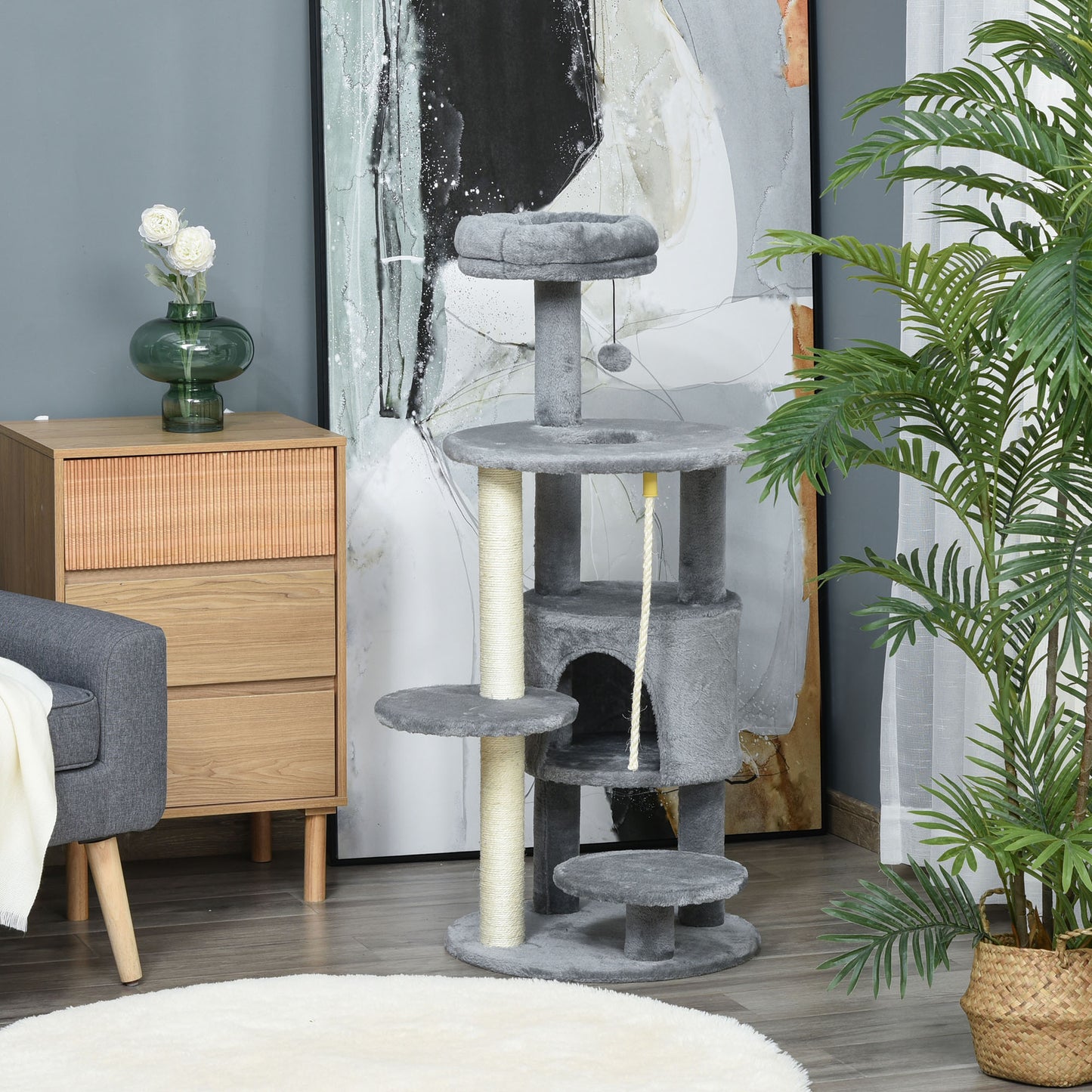PawHut Cat Tree Tower Activity Center with Hanging Ball Toy Teasing Rope Dark grey