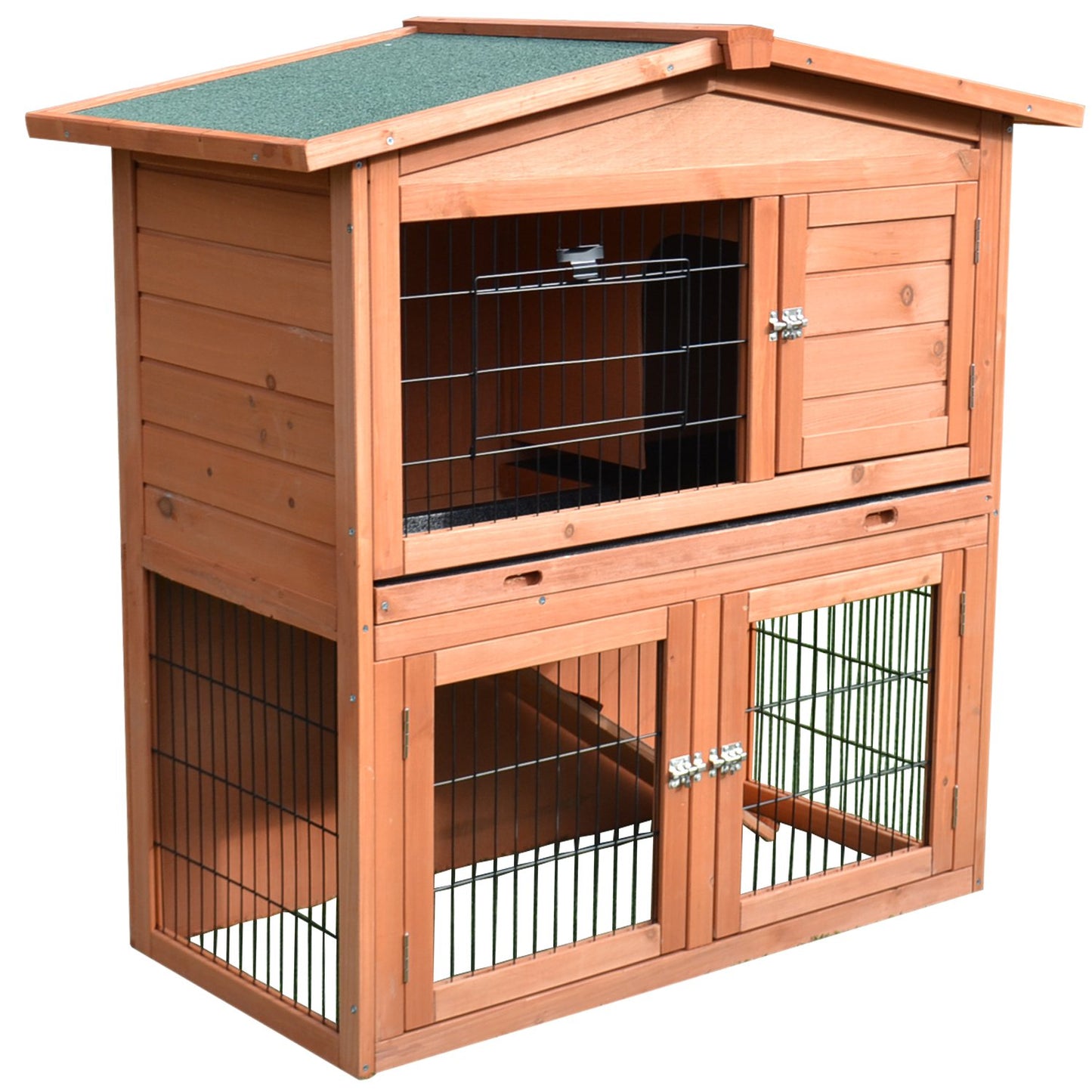 PawHut 2 Tier Outdoor Rabbit Small Animal Enclosure with Ramp Tray to Raised Home & Below Run Area, Natural