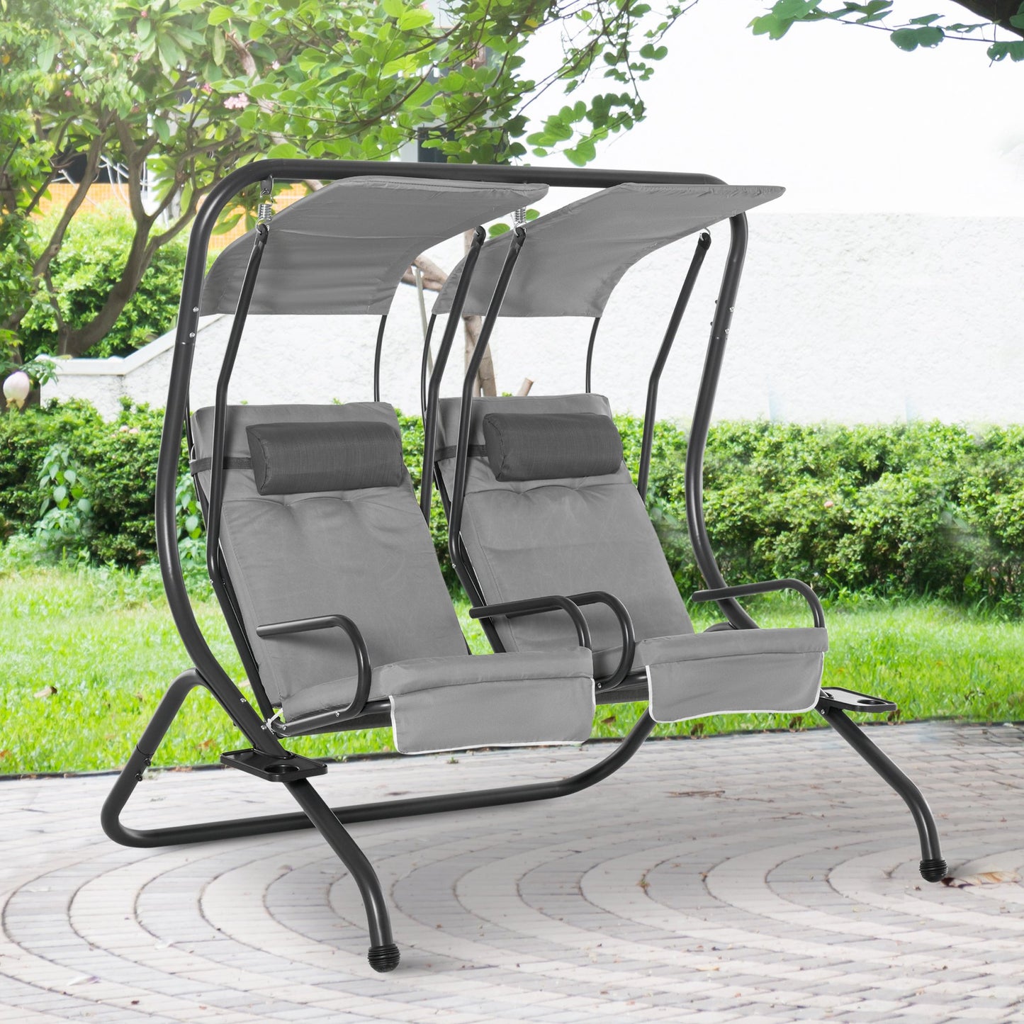 Outsunny Canopy Swing 2 Separate Relax Chairs w/ Handrails and Removable Canopy Grey