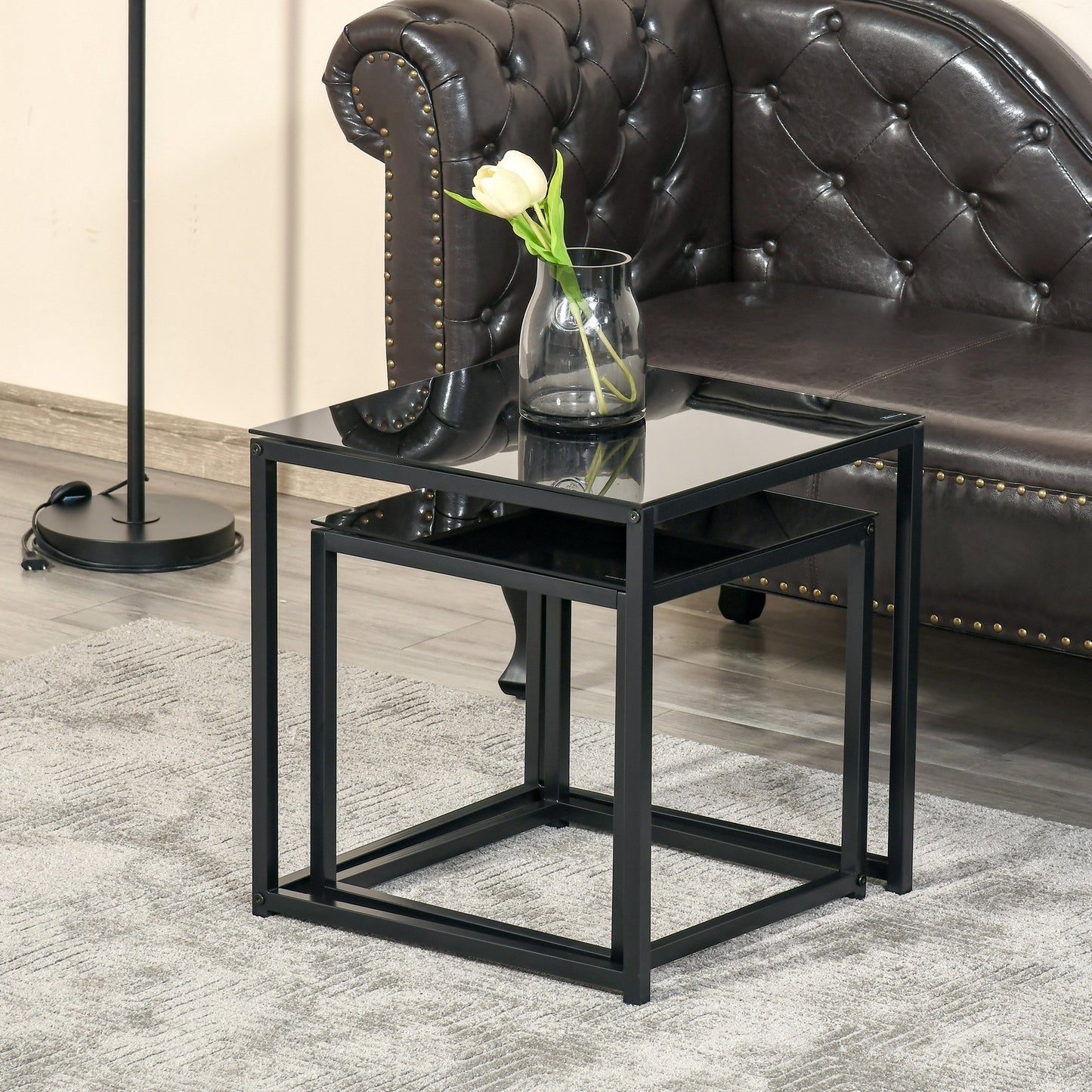 HOMCOM Nest of 2 Side Tables Set of Bedside Tables w/ Tempered Glass Desktop Black