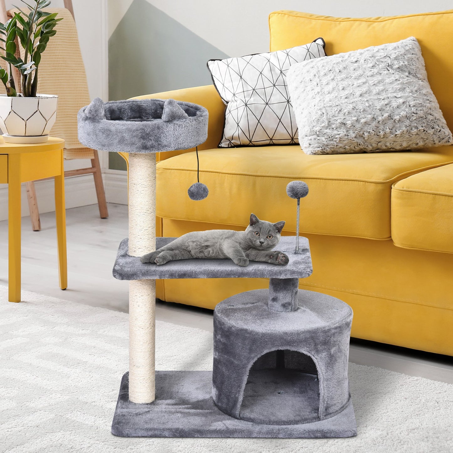 PawHut Cats 3-Tier Sisal Rope Scratching Post w/ Toys Grey
