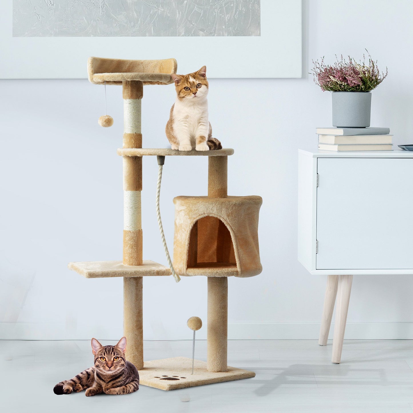 PawHut 40Lx 40Wx114H cm Cat Tree House Scratching Post Ball, Beige