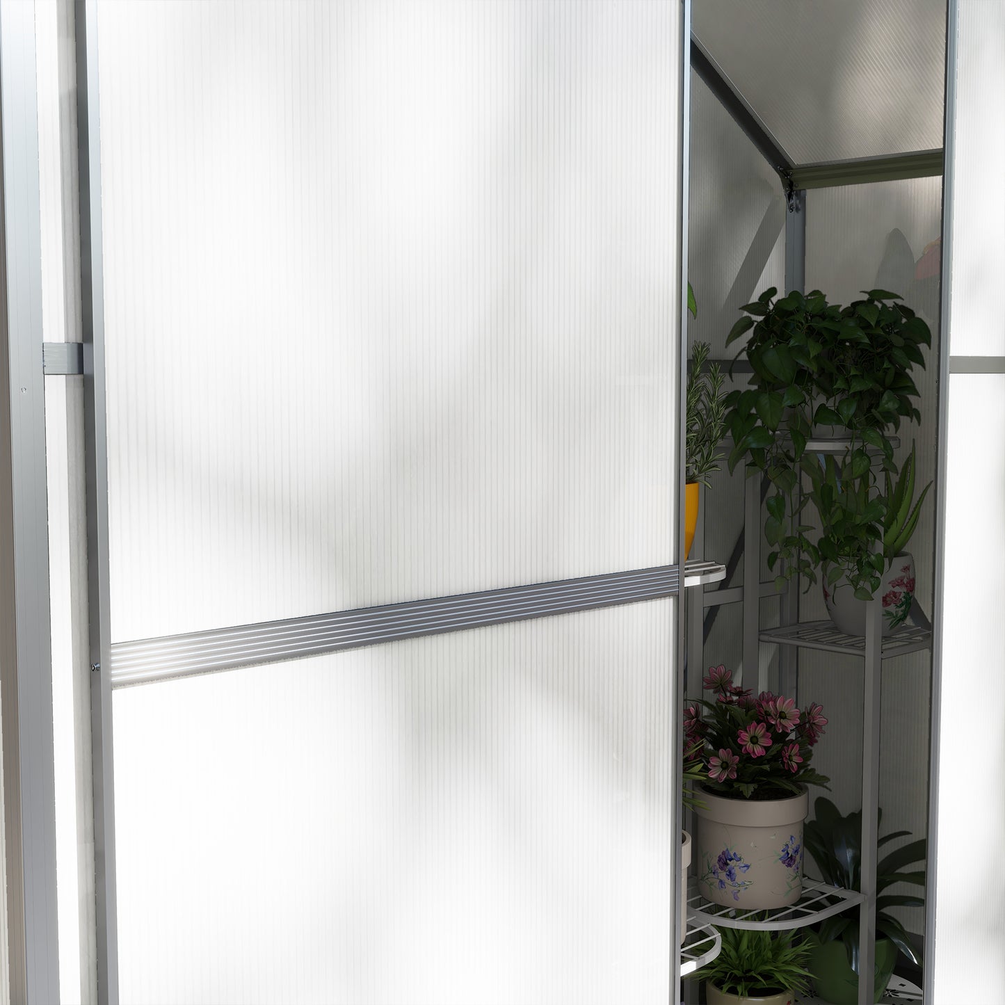 Outsunny 6 x 2.5ft Polycarbonate Greenhouse WalkIn Green House with Rain Gutter Sliding Door Window Foundation Silver