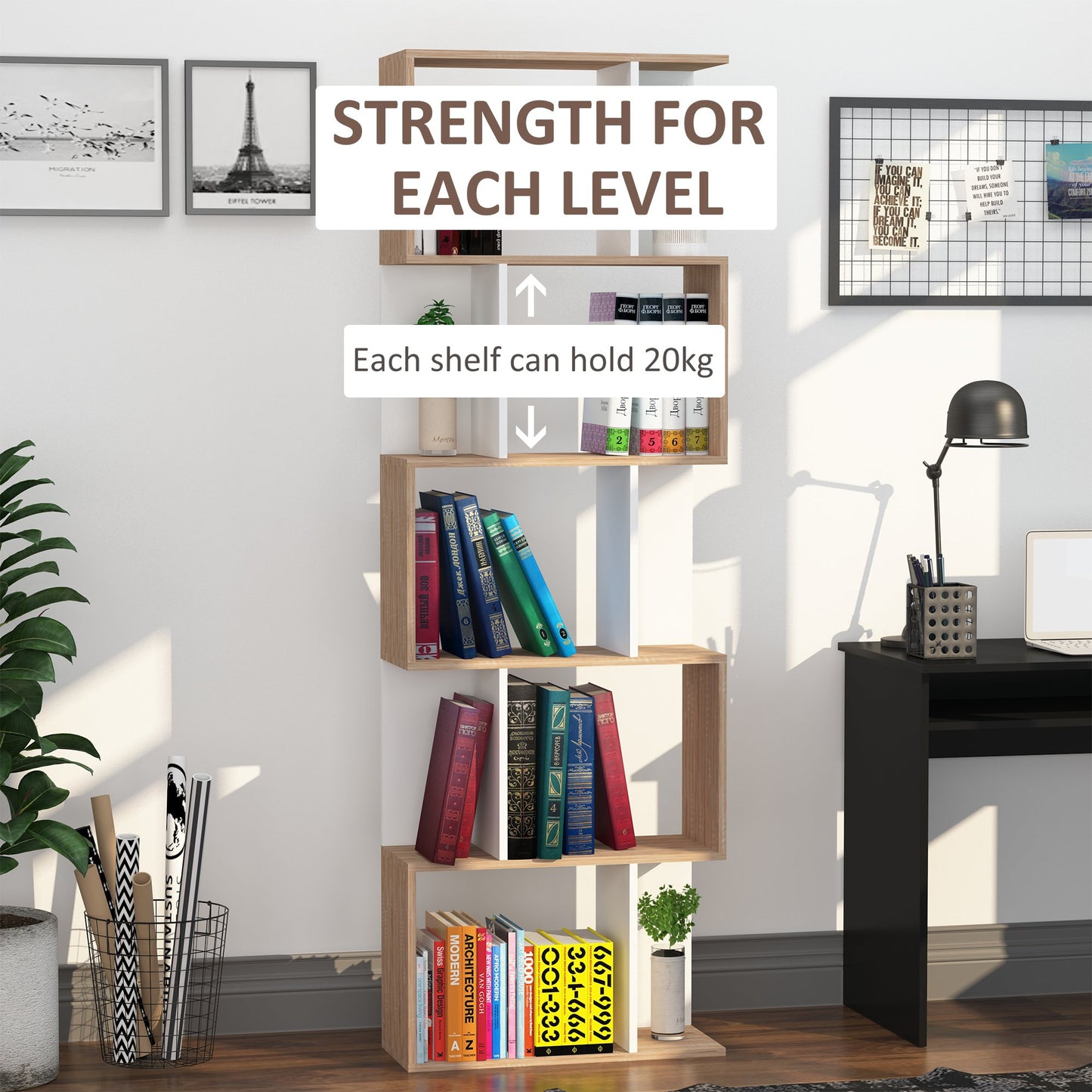HOMCOM 5-tier S Shape Bookcase, Particle Board-Wood and White