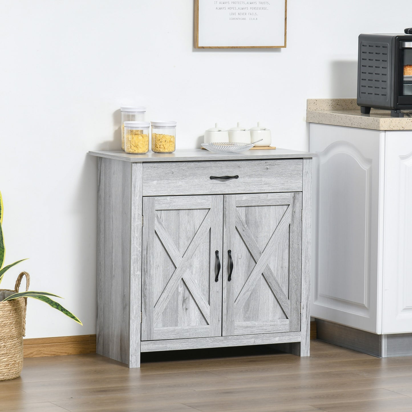 Farmhouse Barn Door Sideboard Buffet Storage Cabinet Coffee Bar Grey