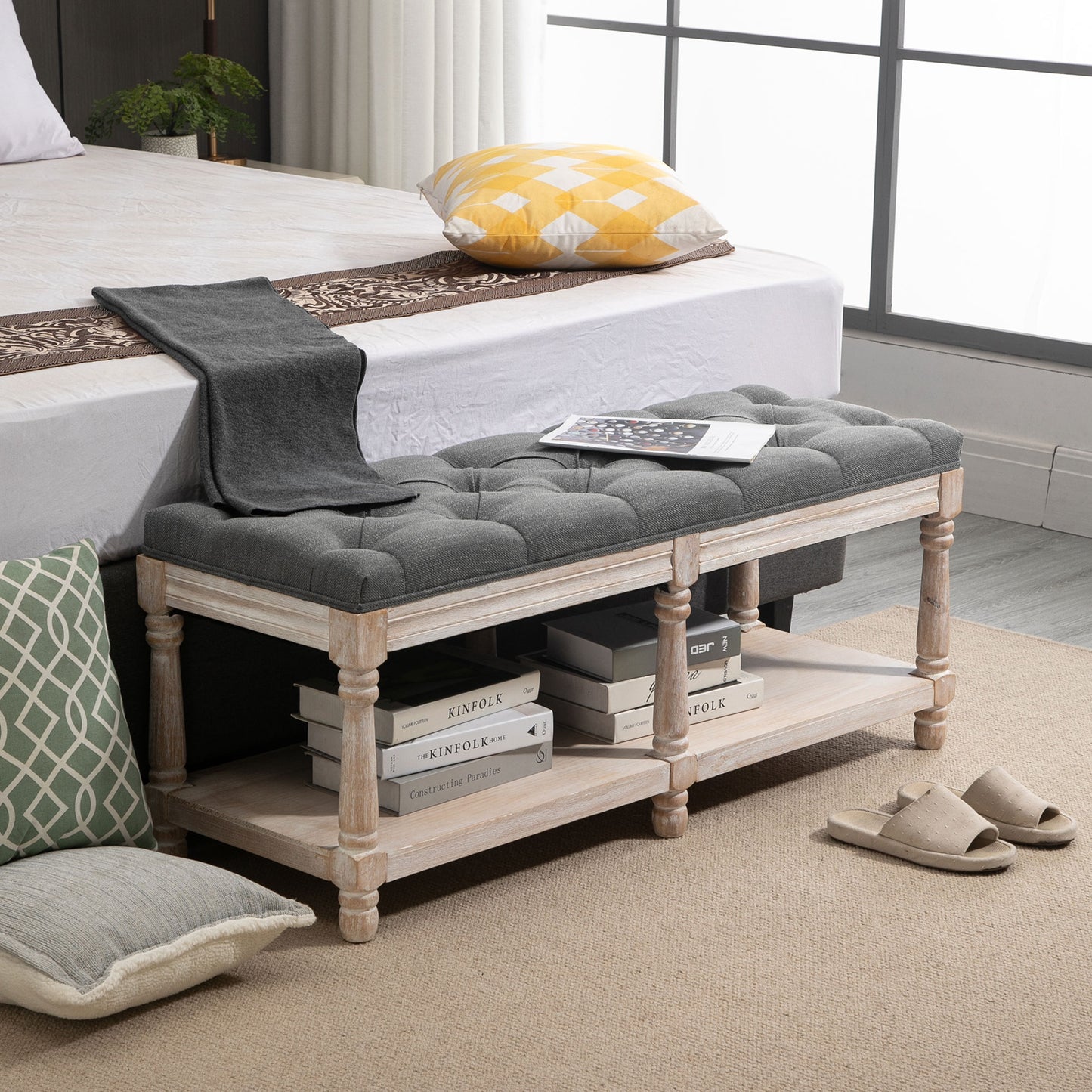 HOMCOM Shoe Rack Bench w/ Button Tufted Seat Cushion for Hallway Bedroom Grey