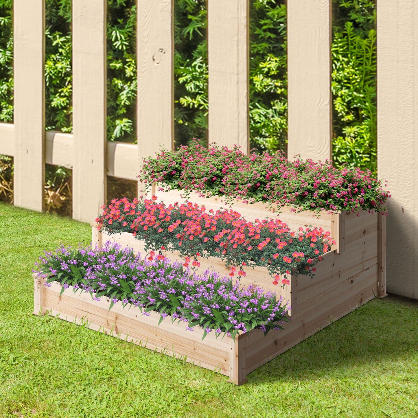 Outsunny Wooden Raised Bed 3-Tier Planter Kit Elevated Box Outdoor Stand for Yard & Patio
