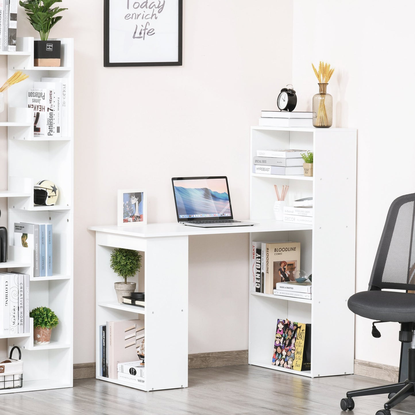 HOMCOM Modern Compact Computer Desk with 6-Tier Storage Shelves Combo, Writing Table Workstation with Bookshelf for Home Office-White