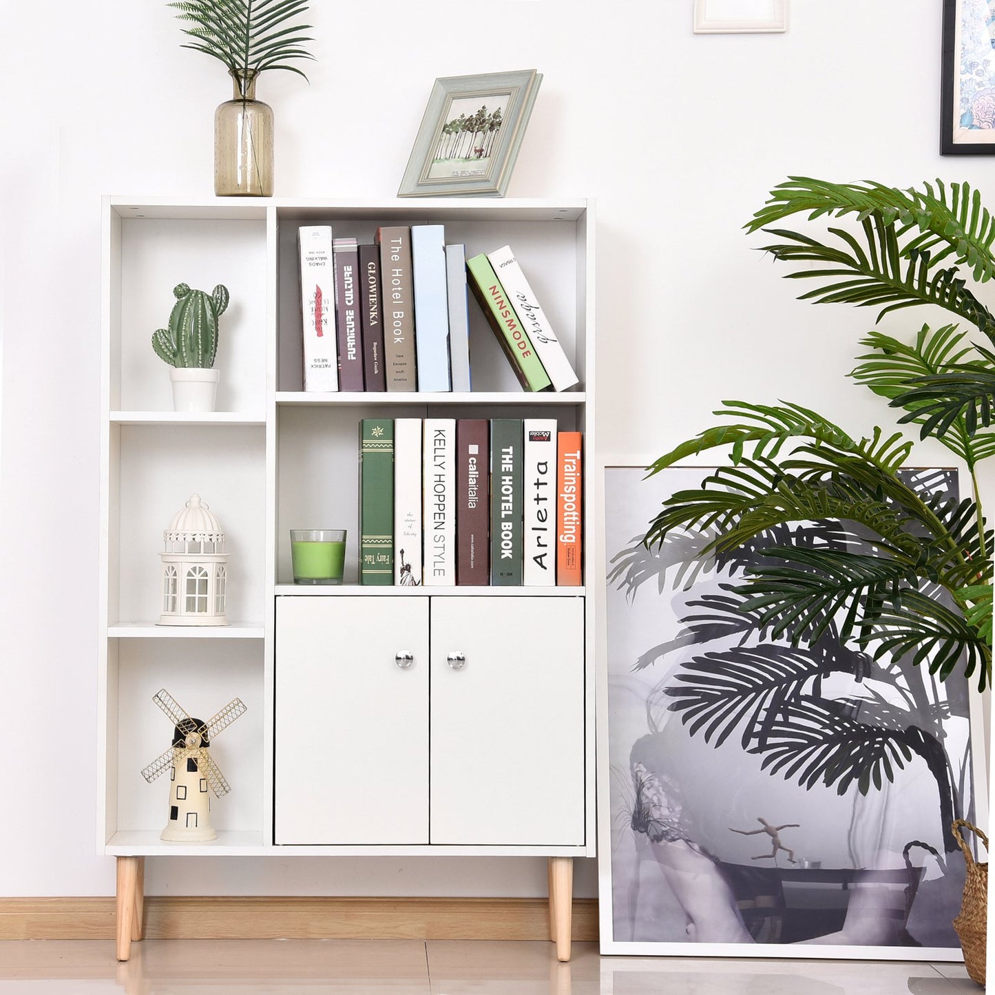 HOMCOM Open Bookcase Cabinet Shelves W/ Two Doors, 80W x 23.5D x 118Hcm-White