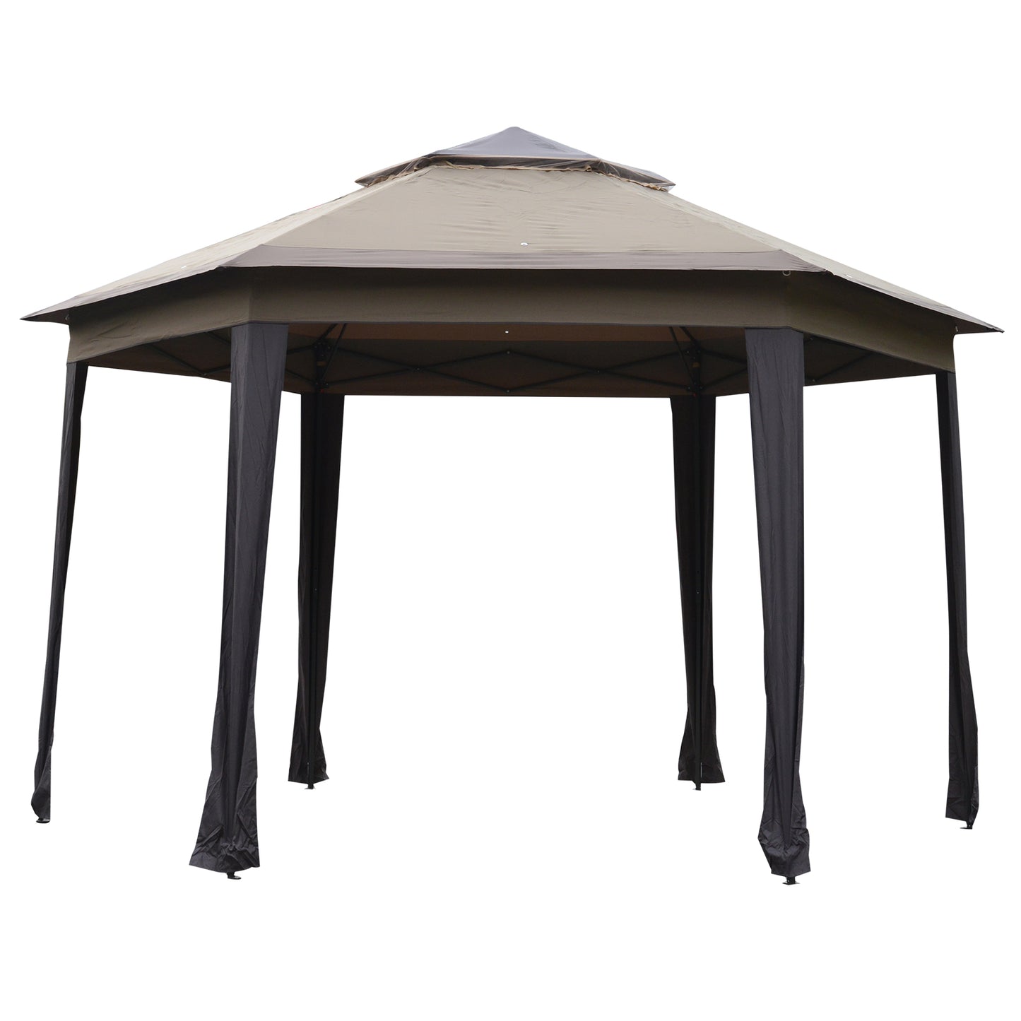 Outsunny 4.05m x 4.05m Metal Frame Mesh Draped 2-Tier Roof Gazebo Brown