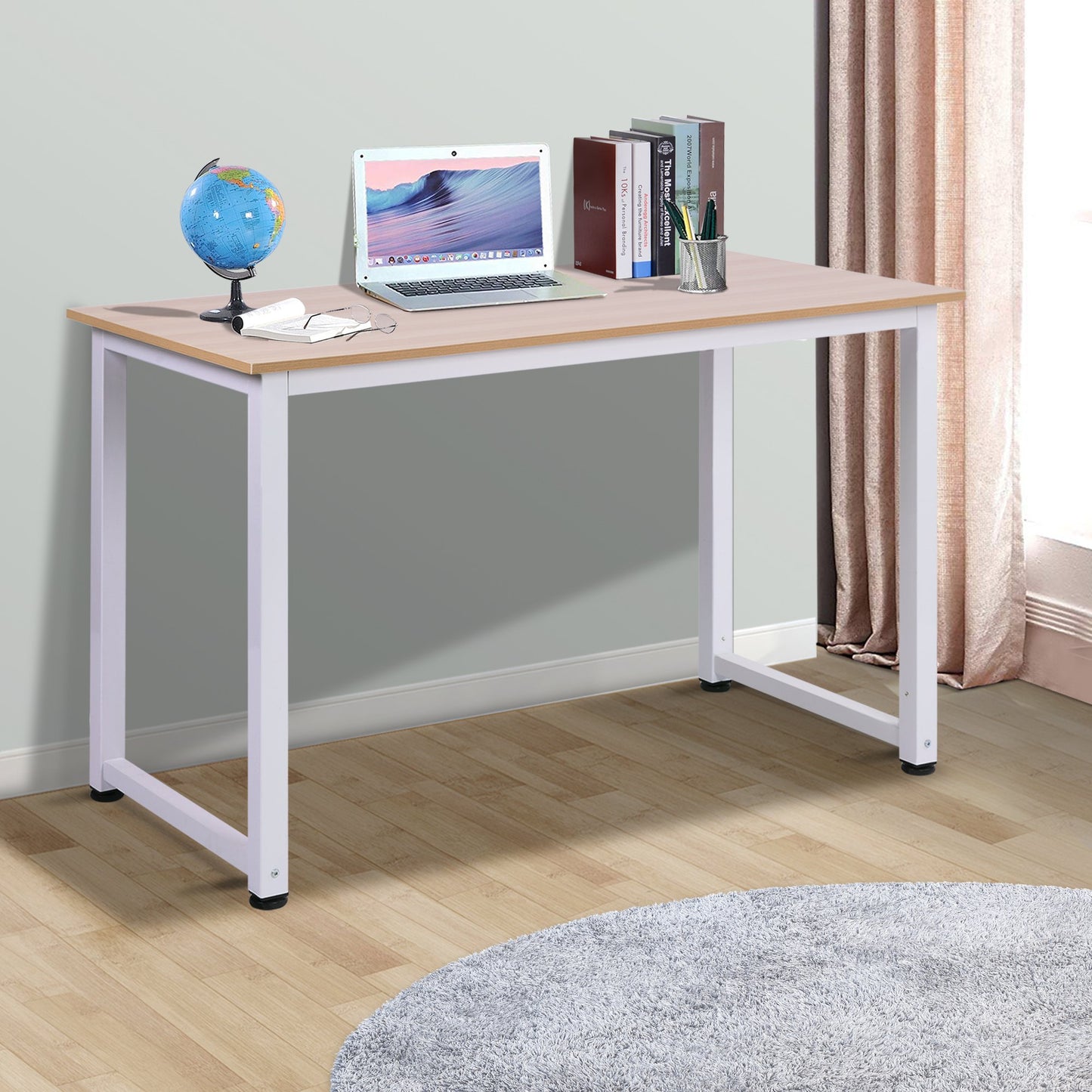 HOMCOM Computer Desk W/ White Metal Frame MDF, 120W x 60D x 76Hcm-Oak Grain Tone