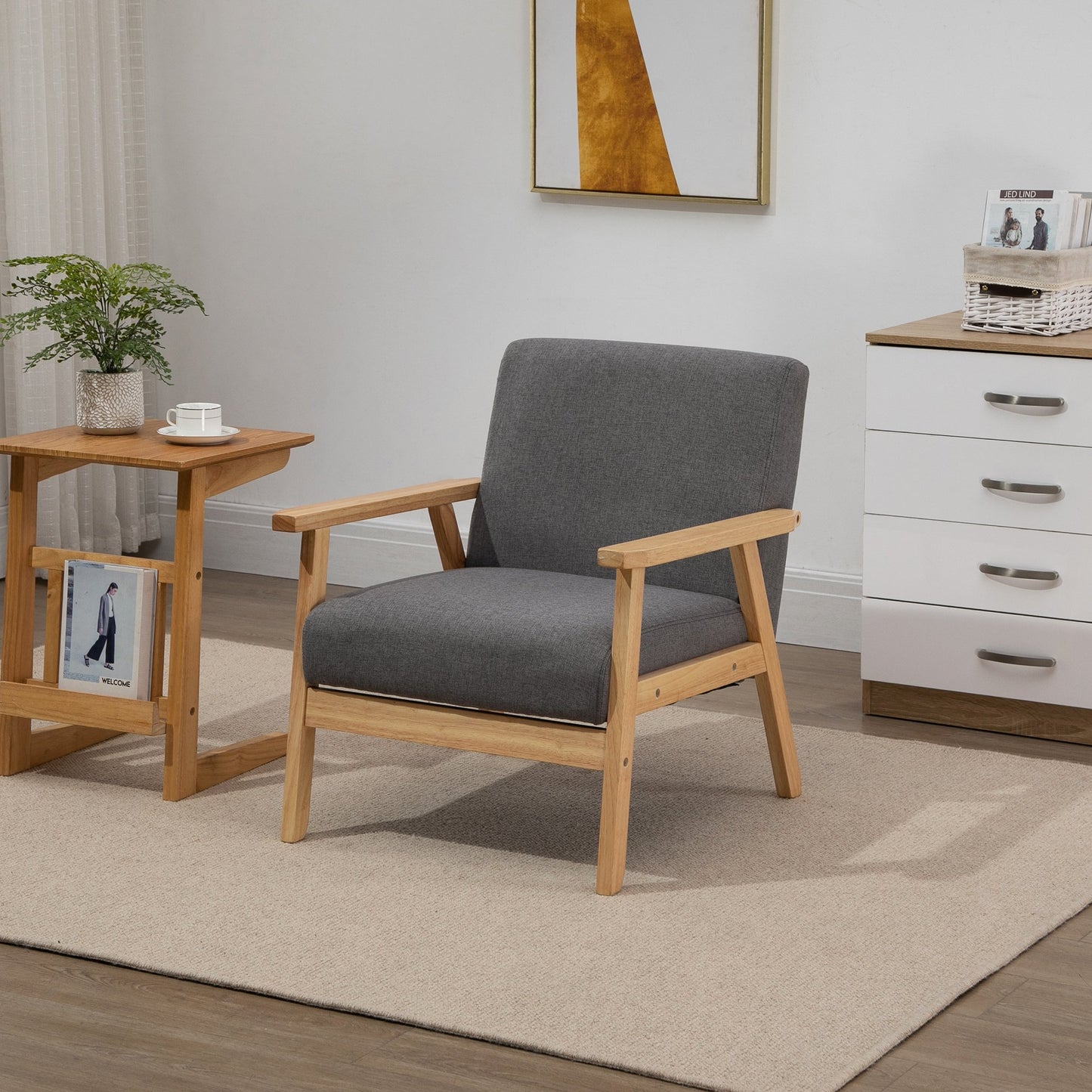 HOMCOM Linen Upholstered Pine Wood Accent Armchair Grey/Oak