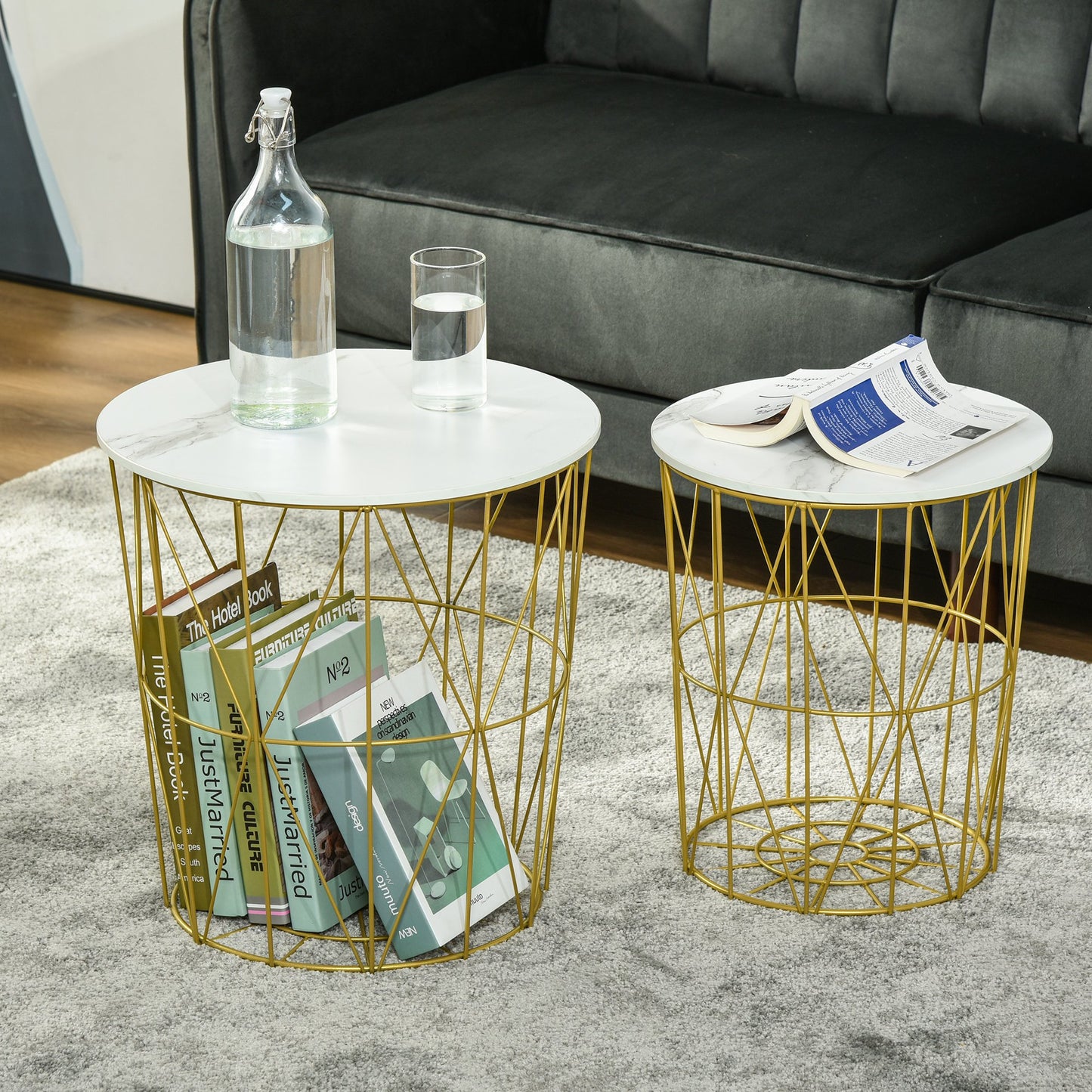 HOMCOM Set of 2 Nesting End Tables Side Tables w/ Steel Frame and Removable Top, White