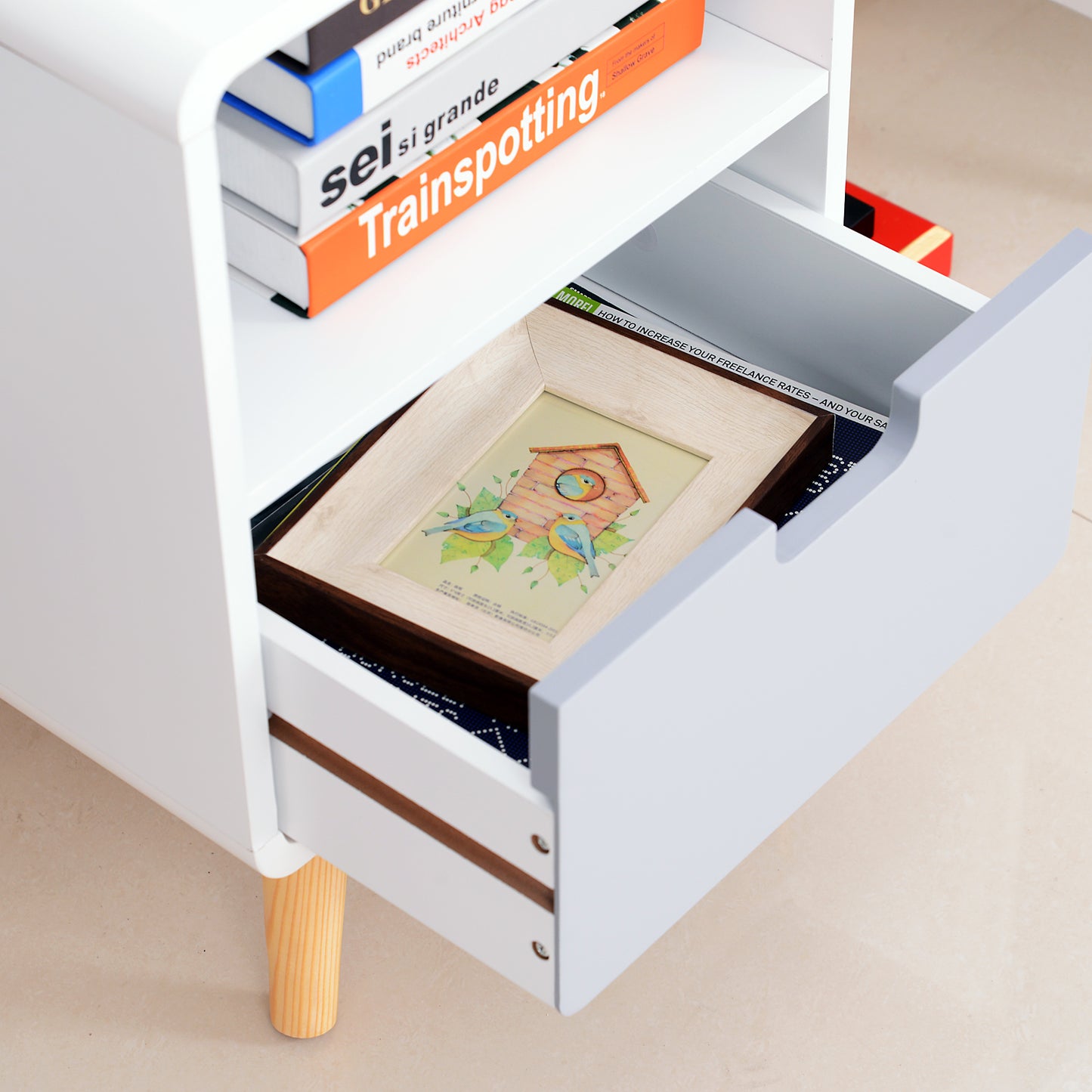 HOMCOM Scandinavian Style Bedside Table, 40Lx38Wx58H cm-White/Grey/Natural Wood Colour