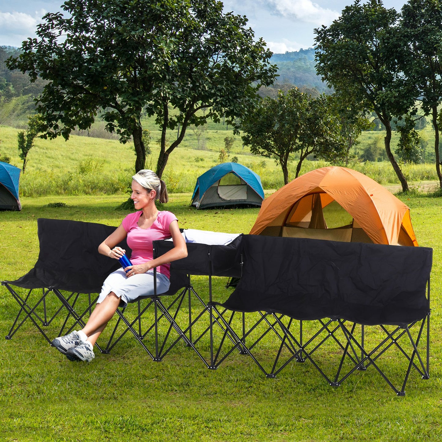 Outsunny 6-Seater Folding Steel Camping Bench w/ Cooler Bag Black