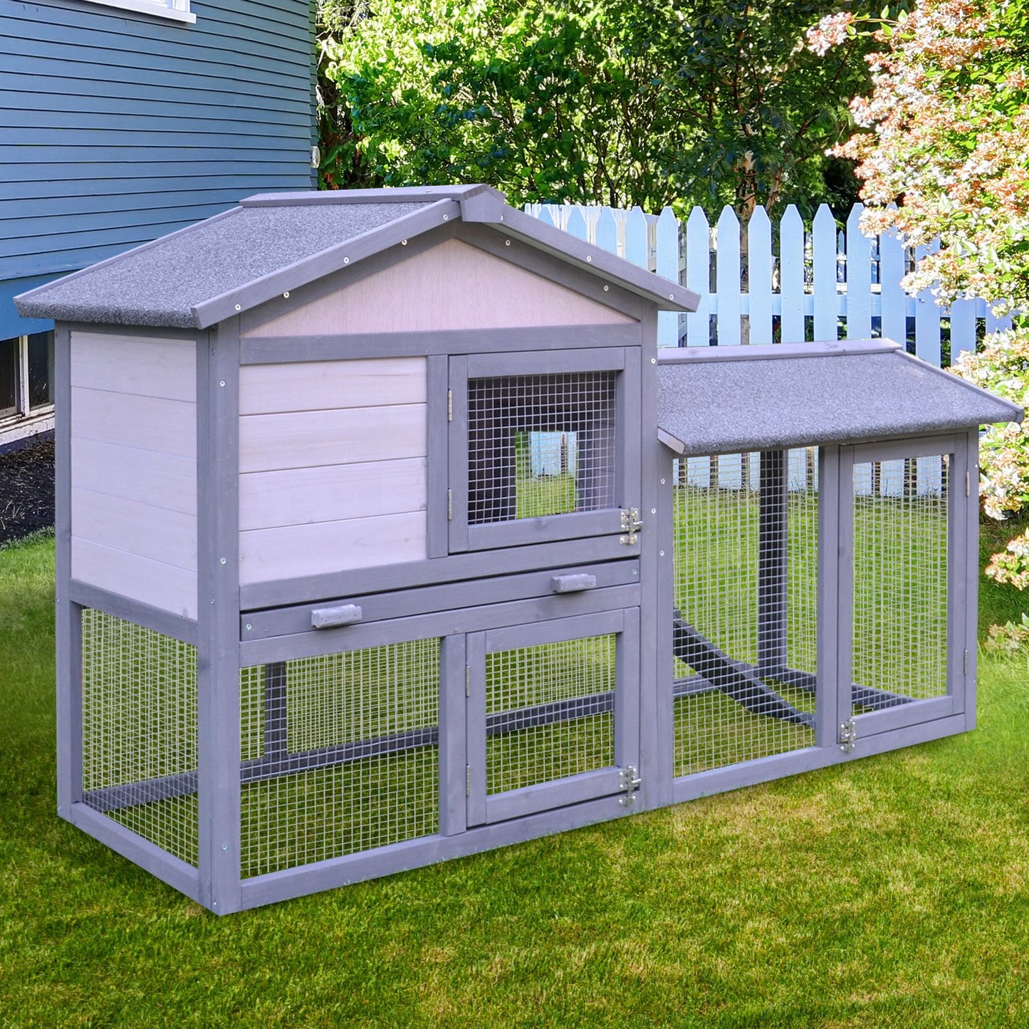 PawHut Small Animal Two-Level Fir Wood Rabbit Hutch w/ Ramp Burnt Yellow